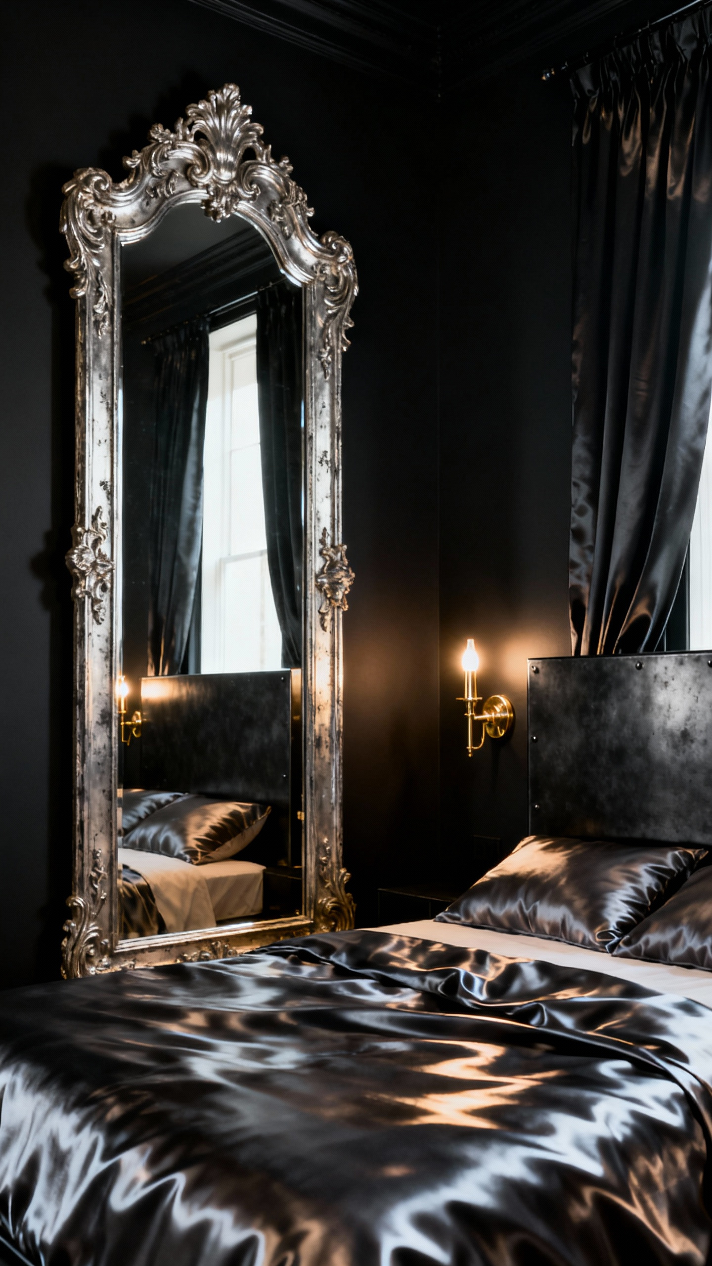 Luxurious black bedroom featuring a grand Venetian mirror, brushed steel headboard, and polished brass sconces creating radiant expansion and sophisticated contrast against dark walls.