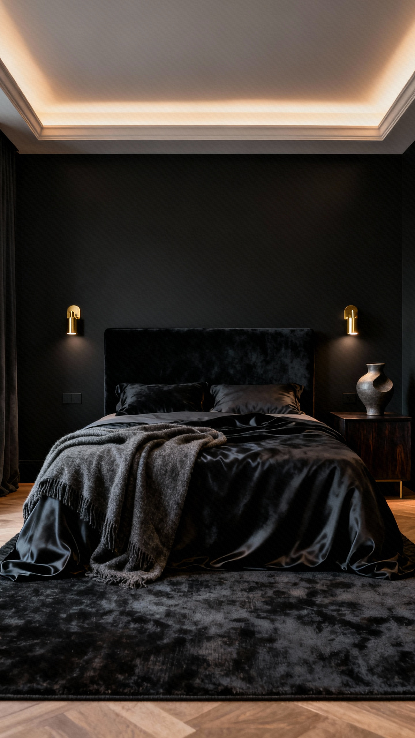 A luxurious black bedroom sanctuary with ultra-matte black walls, a deep charcoal velvet headboard, and layered lighting for profound comfort and sophistication.