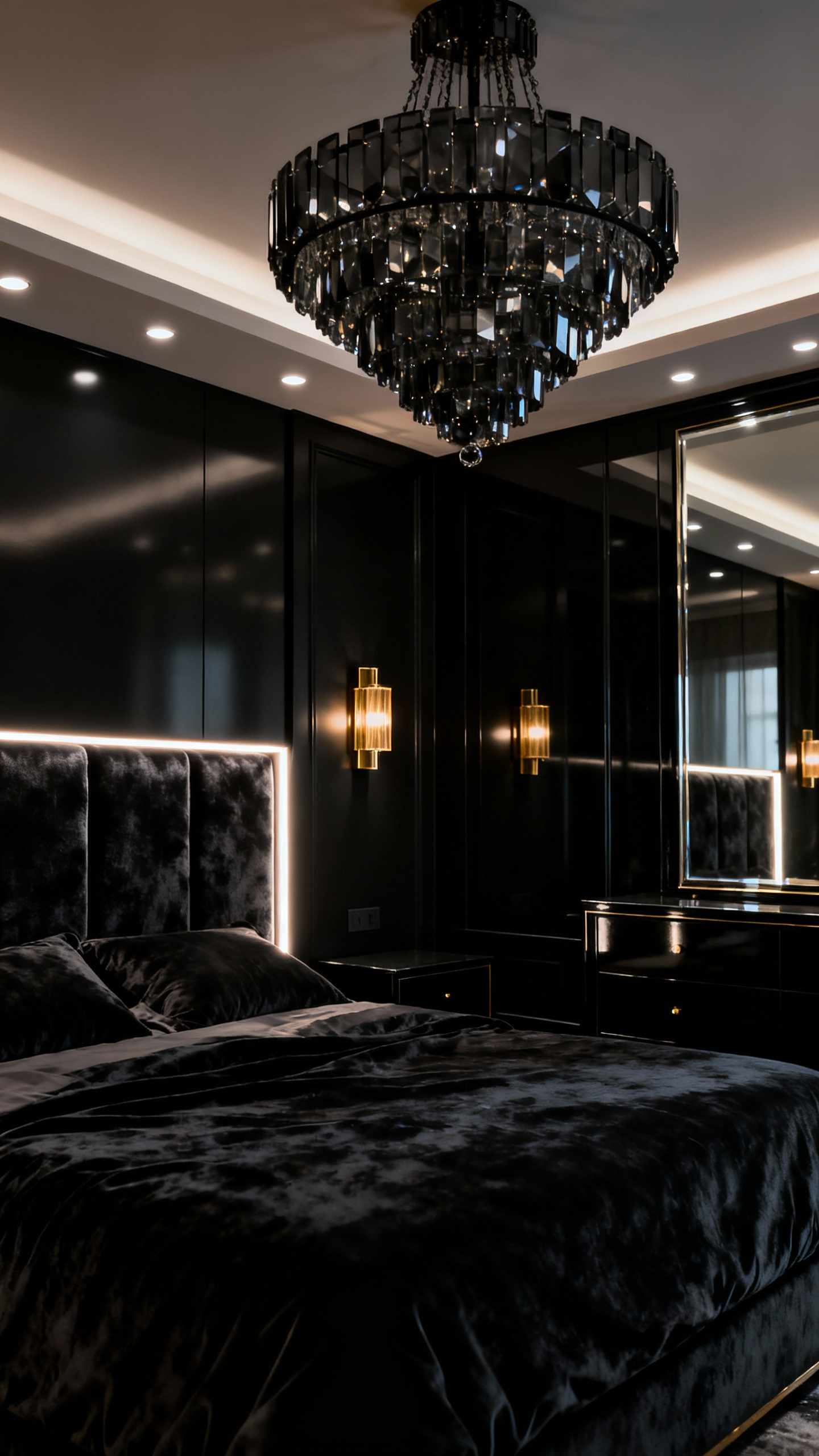 Luxurious black bedroom with layered expert lighting design, featuring a statement smoked-crystal chandelier, reflective lacquered surfaces, and accent lights creating depth and dramatic ambiance.