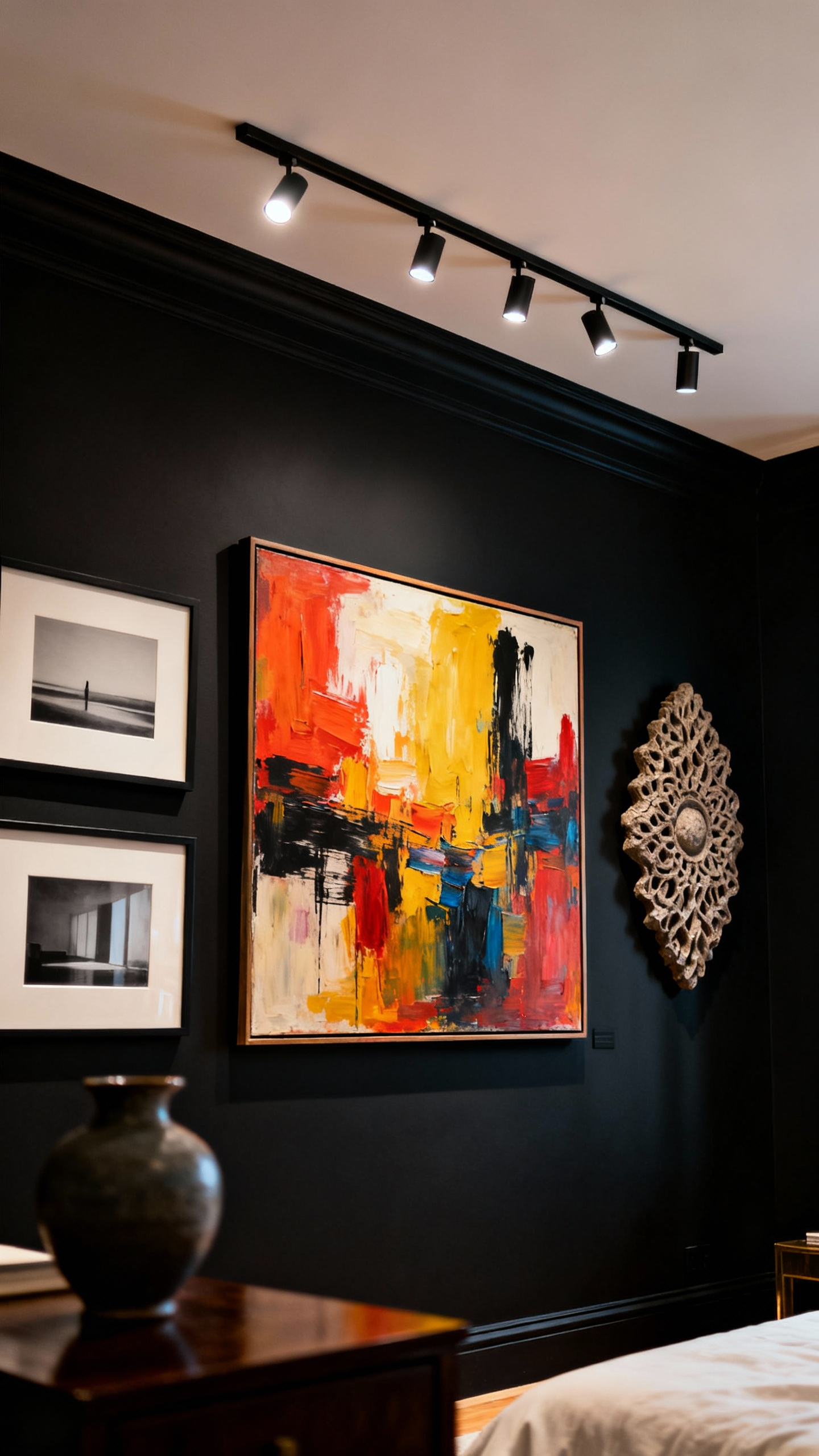 Art collection displayed on a deep charcoal black bedroom wall, dramatically lit by gallery spotlights. Features vibrant paintings and textured art in various frames, creating a sophisticated and luxurious gallery ambiance in a bedroom setting.