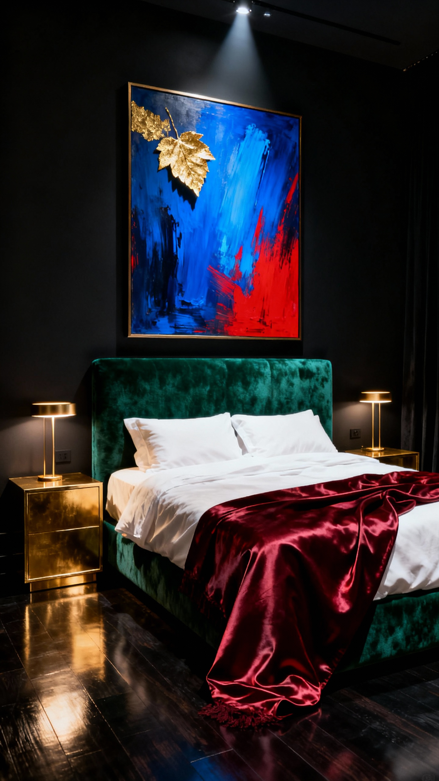 Luxurious master bedroom with matte black walls, an emerald green velvet headboard, golden nightstands, and abstract art featuring electric blue, crimson, and gold accents. A ruby red silk throw adds a pop of color, illustrating daring pairings in design.