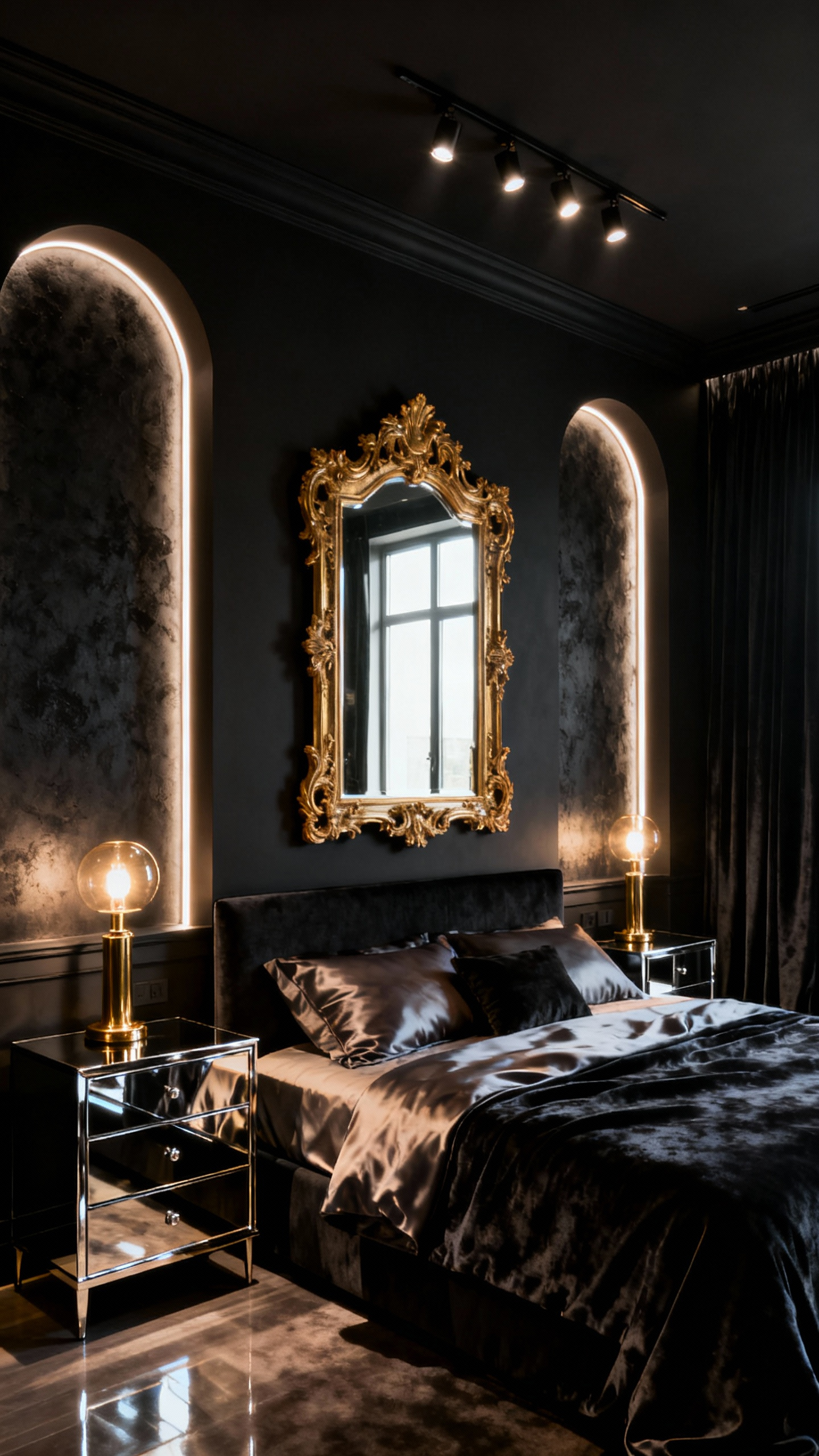 Luxurious black bedroom with strategic light infusion, featuring a large ornate mirror, brass lamps, and integrated LED lighting creating depth and radiance.