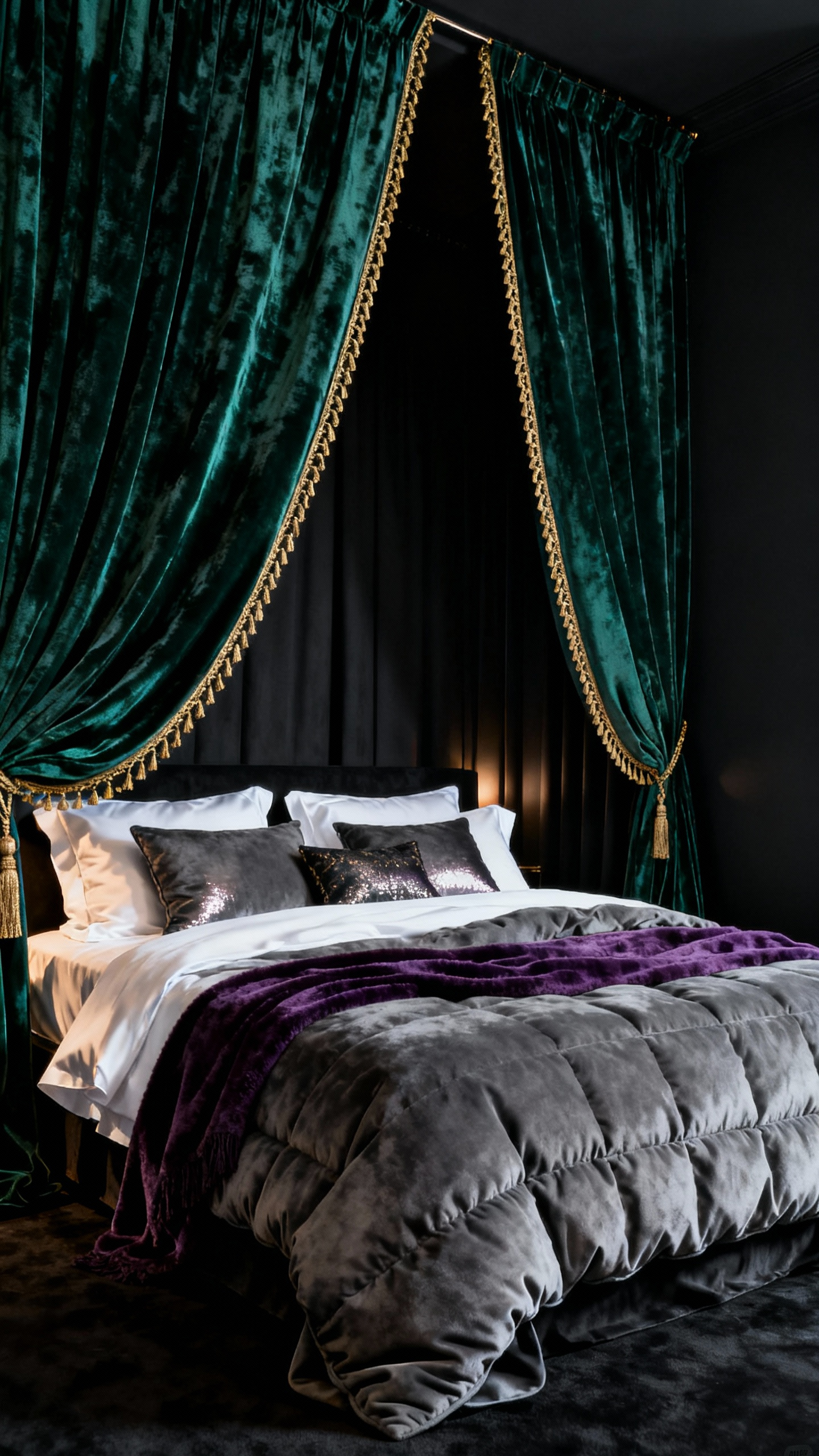 Luxurious black bedroom with layered emerald crushed velvet drapes and sumptuous multi-textured bedding, illuminated by soft ambient lighting, showcasing rich tactile and visual depth.