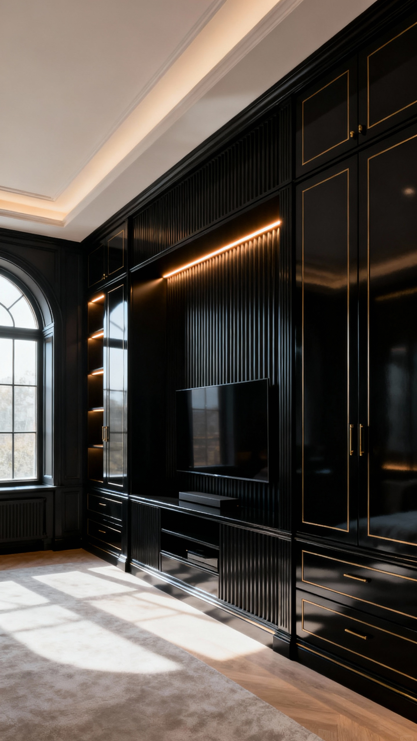 Luxurious black lacquered built-in wardrobes with fluted panels and brass accents in a master bedroom, showcasing integrated lighting and architectural depth.