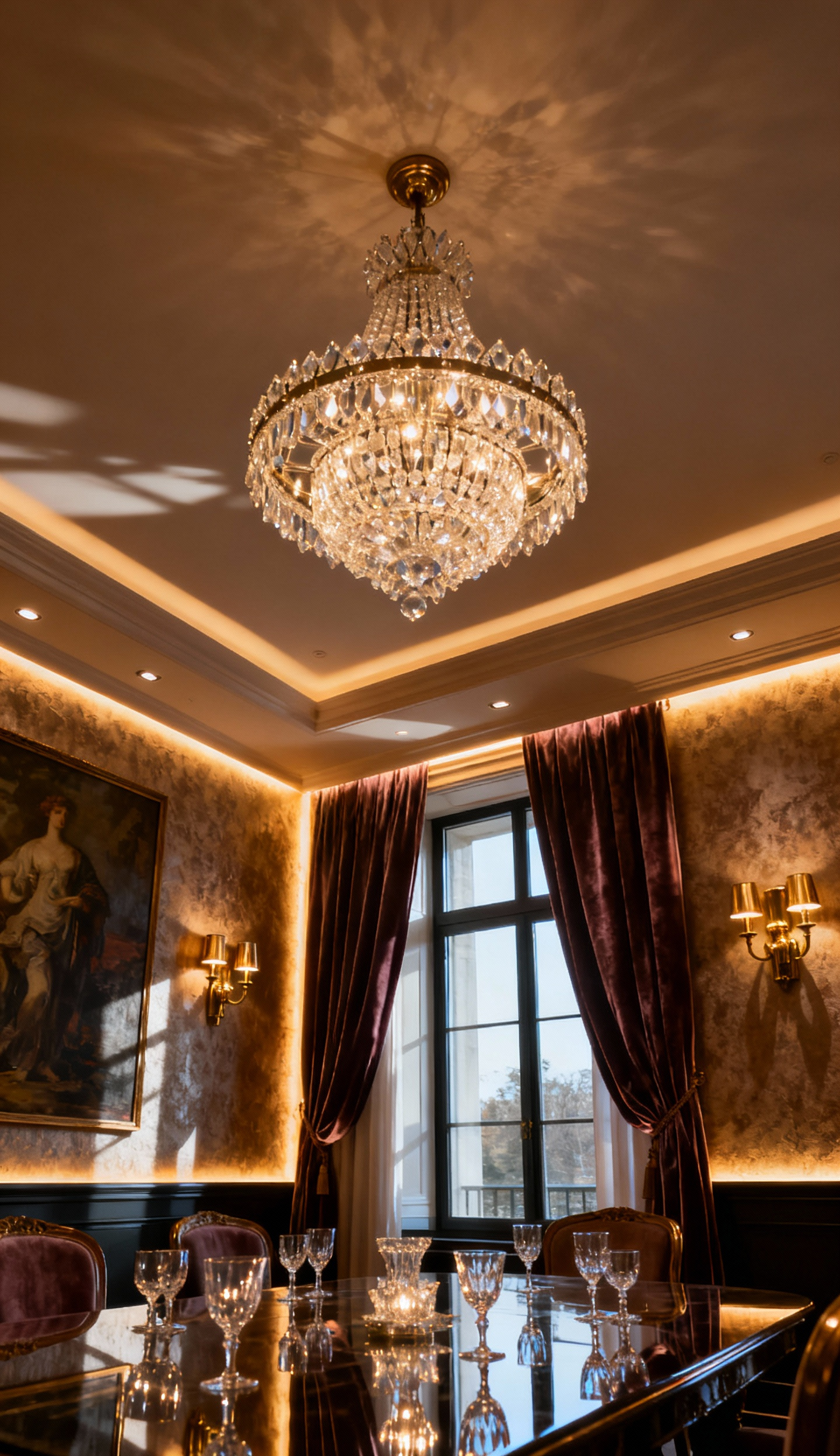 Luxury dining room featuring a multi-tiered lighting scheme, including a grand crystal chandelier, recessed lights, and sconces, creating dramatic light and shadow effects on opulent decor and a beautifully set dining table.