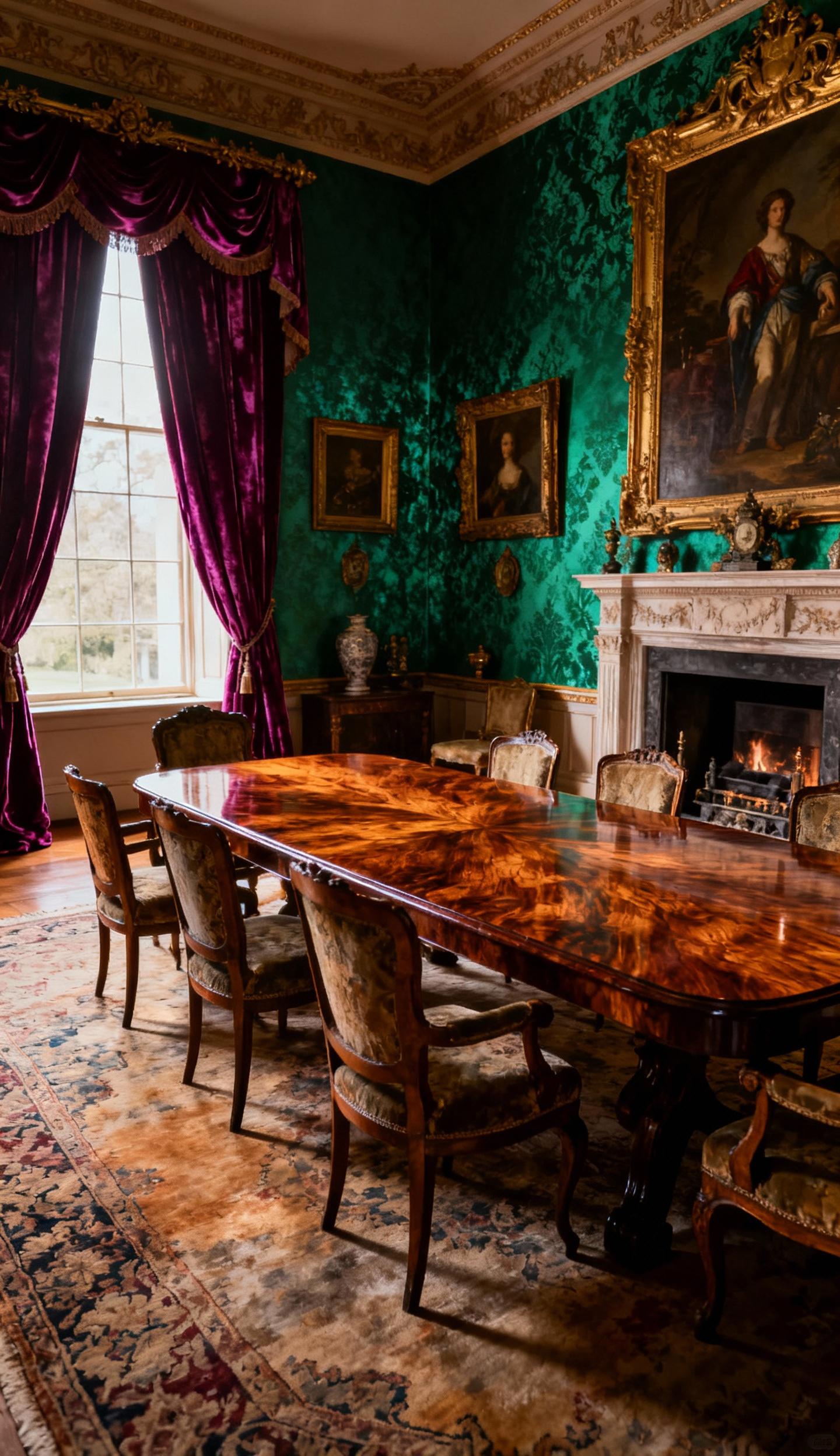 A portrait view of a grand, luxurious dining room exhibiting lived-in grandeur, featuring deep jewel-toned velvet draperies, antique fauteuils around a large wooden table, and a dazzling crystal chandelier casting dramatic light, conveying warmth and authentic opulence.