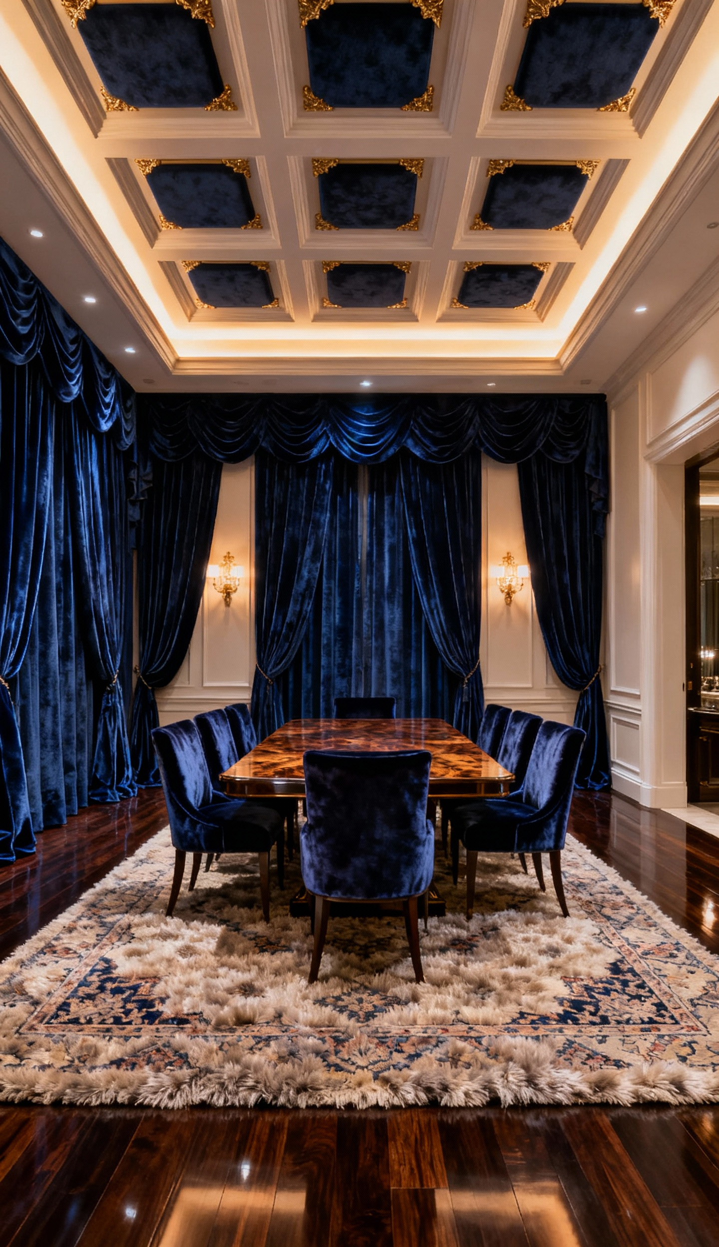 Sumptuous luxury dining room in portrait orientation, showcasing rich velvet drapes, a sound-absorbing area rug, and an acoustically treated coffered ceiling, all contributing to an intimate acoustic dining experience.