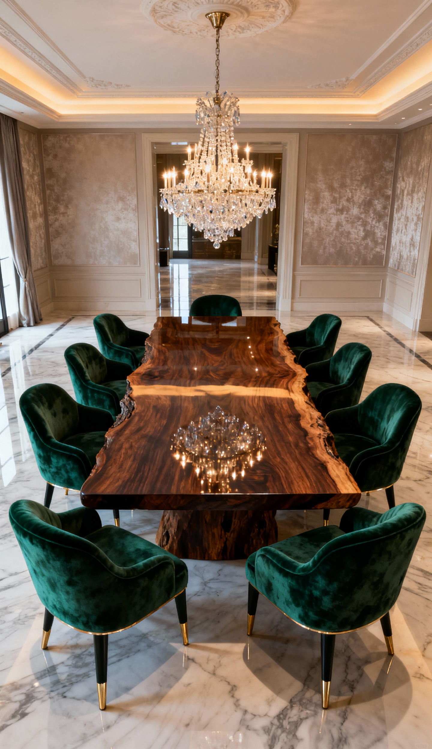 A luxurious dining room featuring a monumental dark wood dining table and velvet upholstered chairs, serving as the central anchor of the opulent space.