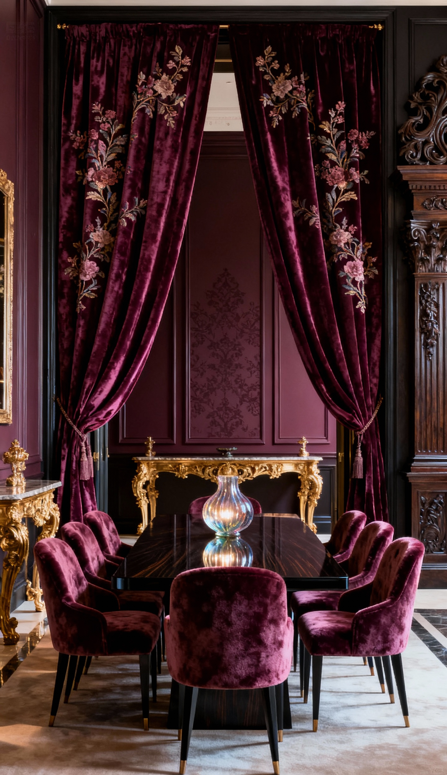 Opulent luxury dining room showcasing richly textured silk velvet drapery, lacquered panels, mohair velvet chairs, macassar ebony table, gilded accents, and hand-blown glass centerpiece under soft chiaroscuro lighting, creating profound textural depth.