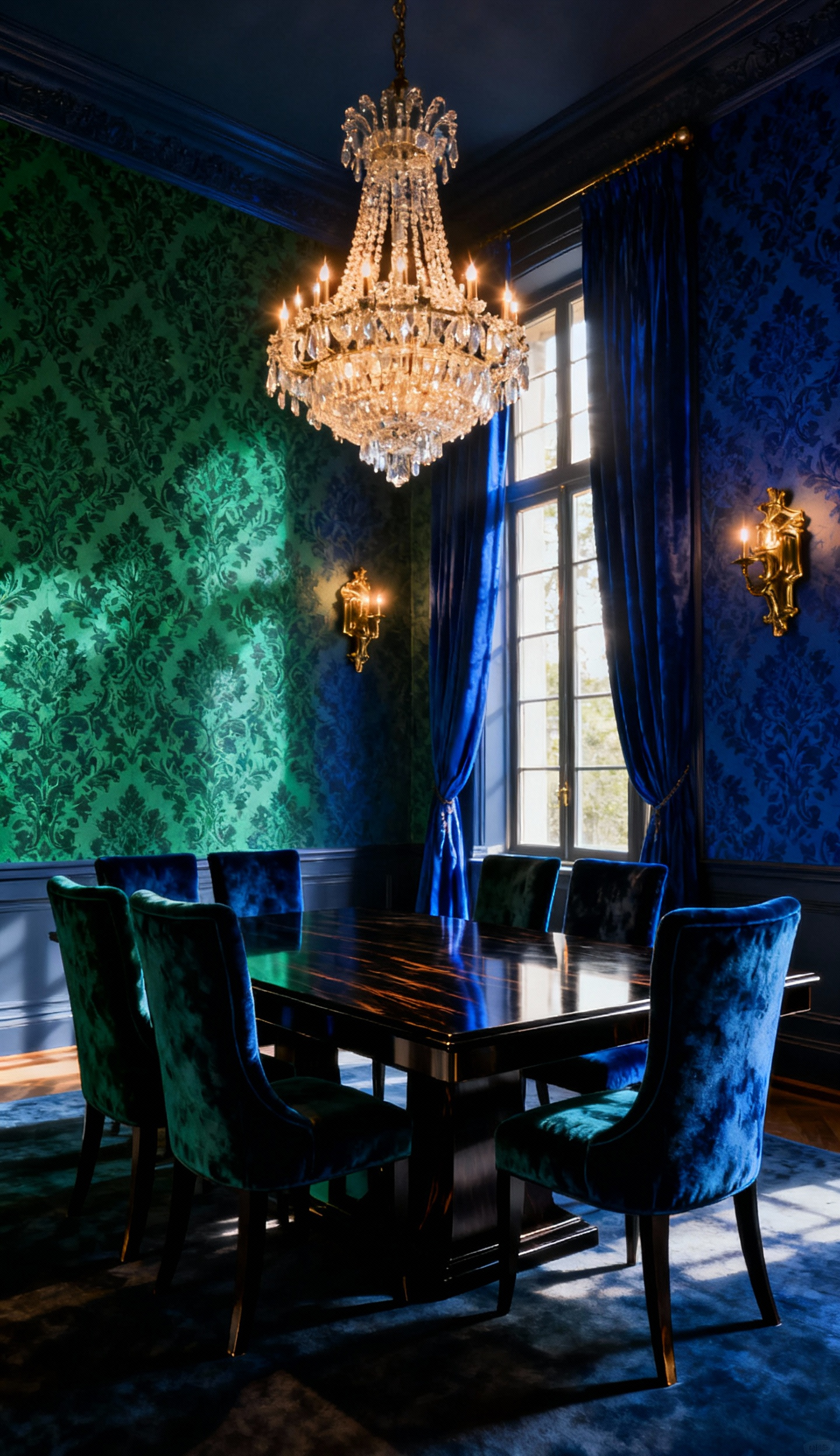 Luxurious multi-sensory dining room with damask walls, velvet chairs, a grand chandelier, and dynamic lighting, evoking a feast for all senses.