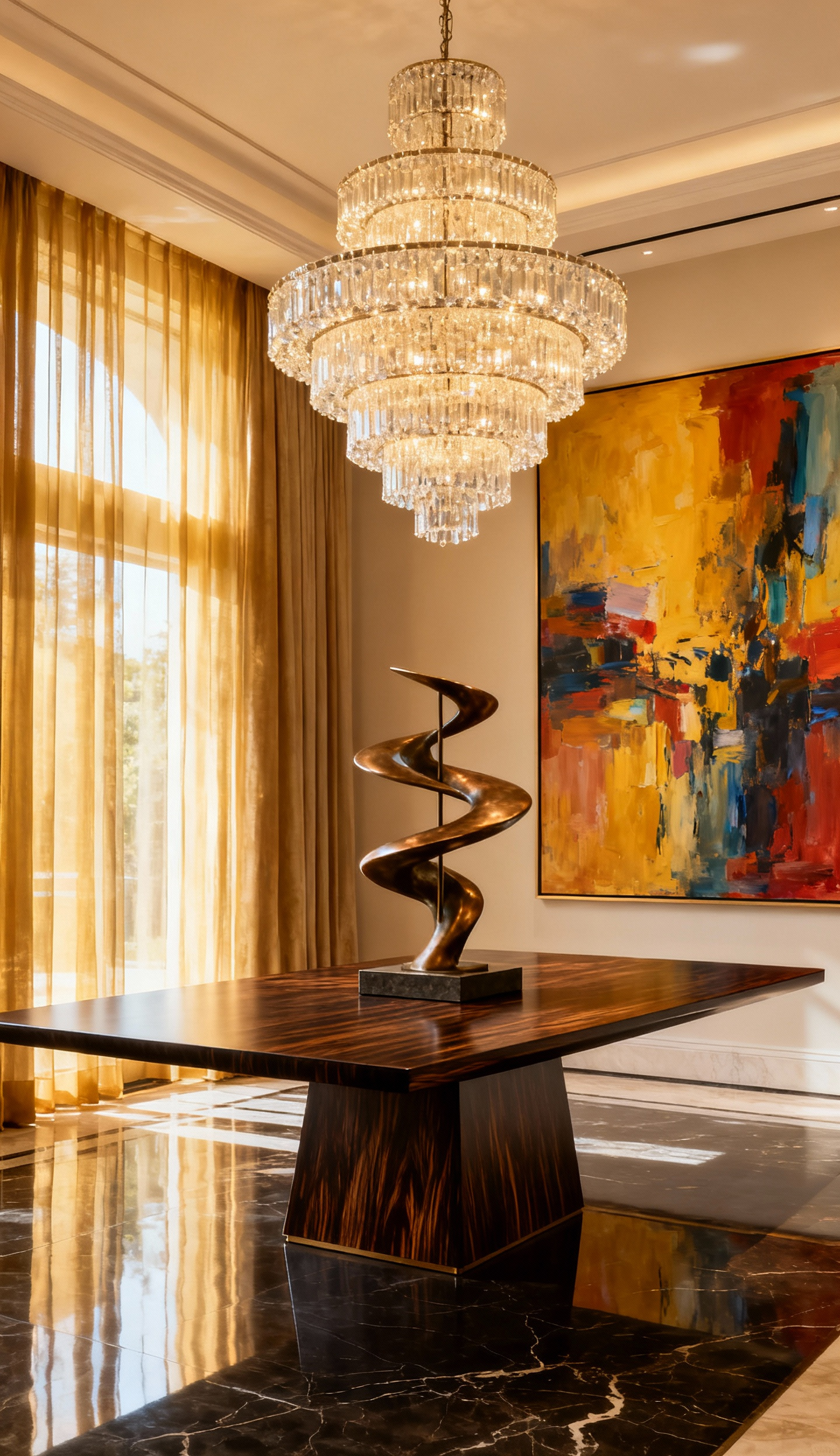 Opulent luxury dining room featuring a bronze kinetic sculpture on a bespoke ebony dining table, flanked by vibrant abstract paintings and illuminated by a crystal chandelier, reflecting elegant art integration.