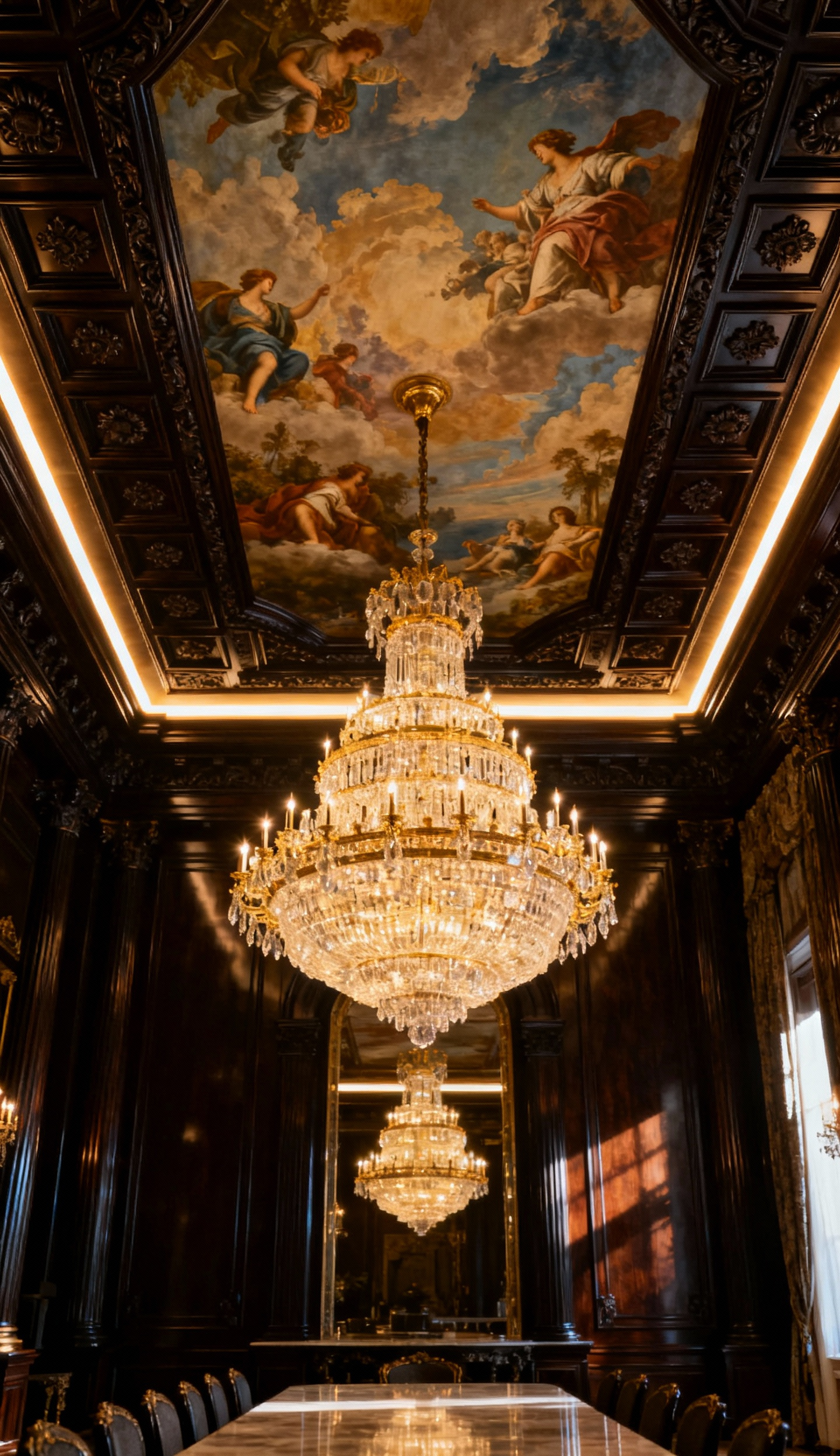 Opulent luxury dining room ceiling featuring a hand-painted fresco framed by dark lacquered coffers, illuminated by a large crystal chandelier, emphasizing vertical grandeur.
