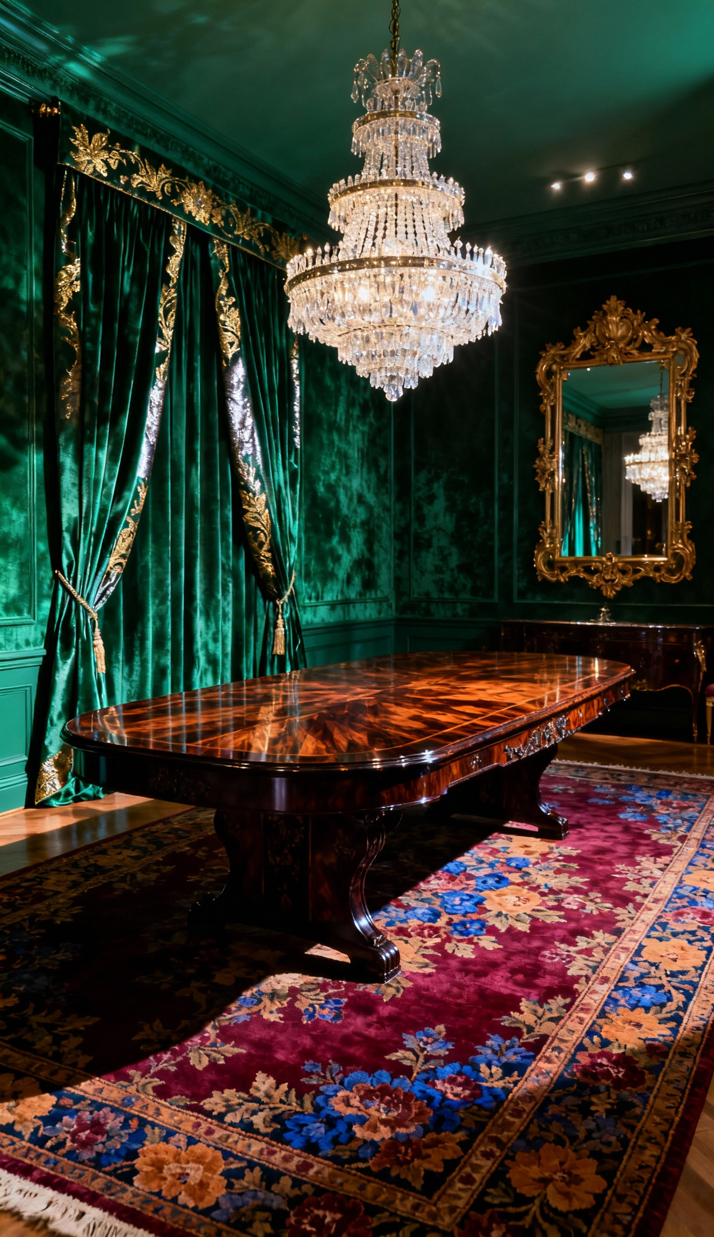 Luxurious maximalist dining room featuring deep emerald velvet walls, a grand crystal chandelier, an antique marquetry dining table, and a richly patterned Persian rug, all exuding opulent boldness.