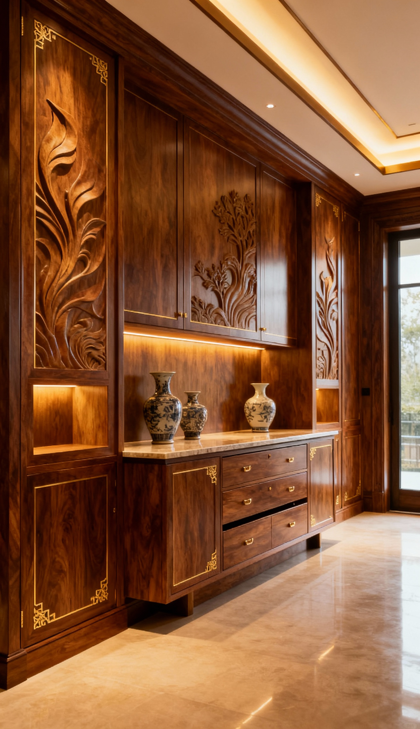 A luxurious dining room with tailored walnut millwork paneling, intricate brass inlays, and an elegant built-in buffet with hidden storage and display niches, exuding architectural grandeur.