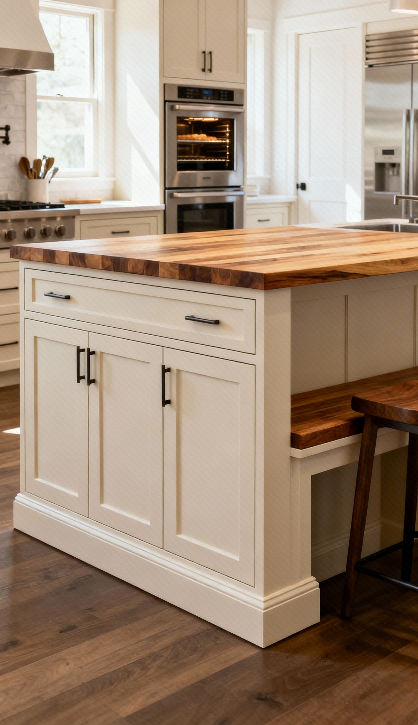 A repurposed kitchen base cabinet, now an integrated baking station within a modern kitchen island, showing custom paneling and a butcher block top.