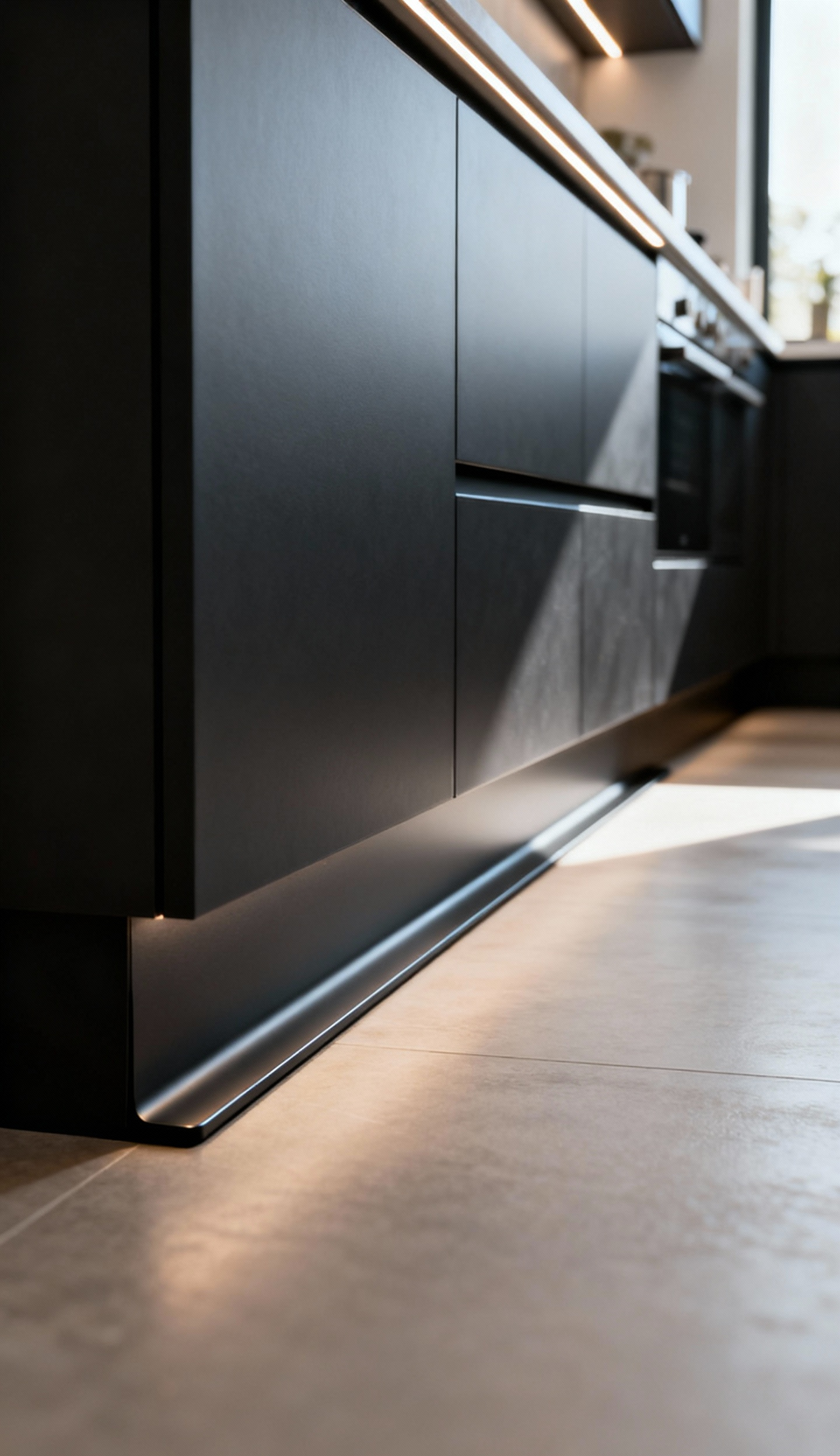 Close-up of modern kitchen cabinet kickplates and toe-kicks with a custom, polished finish and integrated subtle LED lighting.