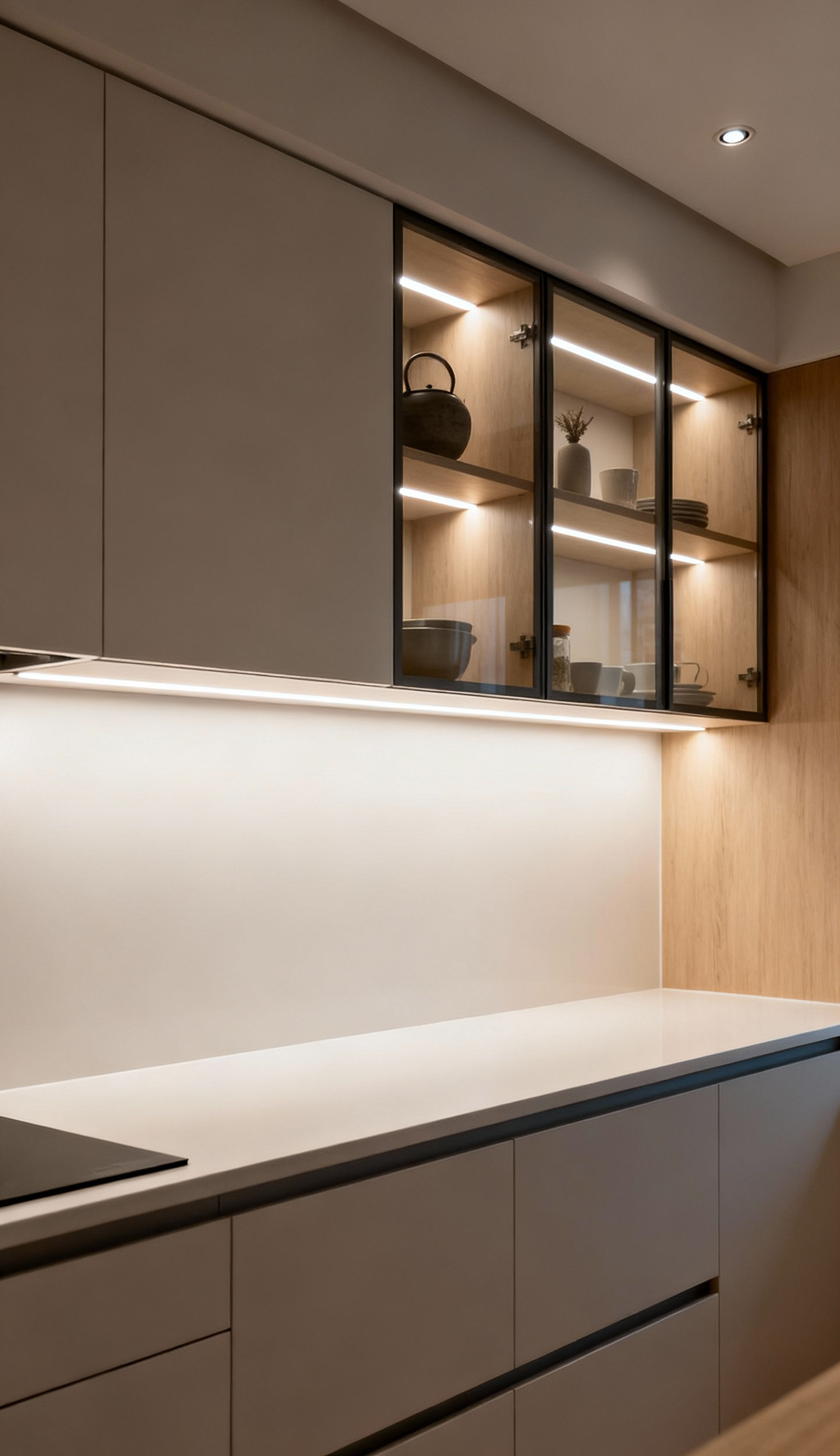 Modern kitchen cabinets with integrated warm LED under-cabinet and in-cabinet lighting, enhancing visibility and ambiance.