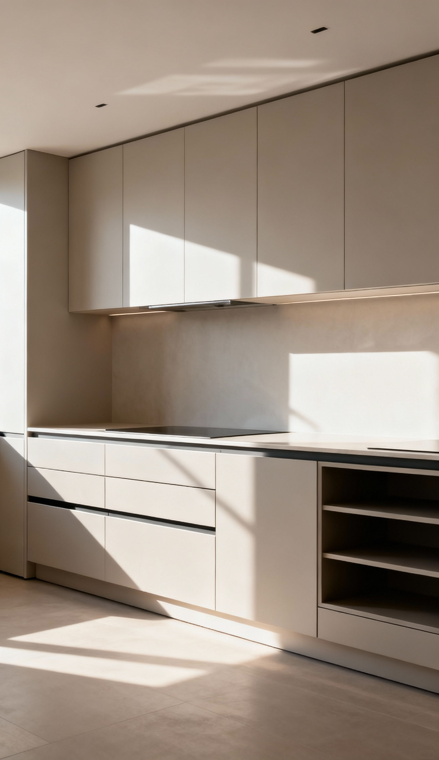A beautifully designed modern kitchen with ergonomically placed upper and lower cabinets for ease of access and reduced strain, featuring clean lines and warm lighting.