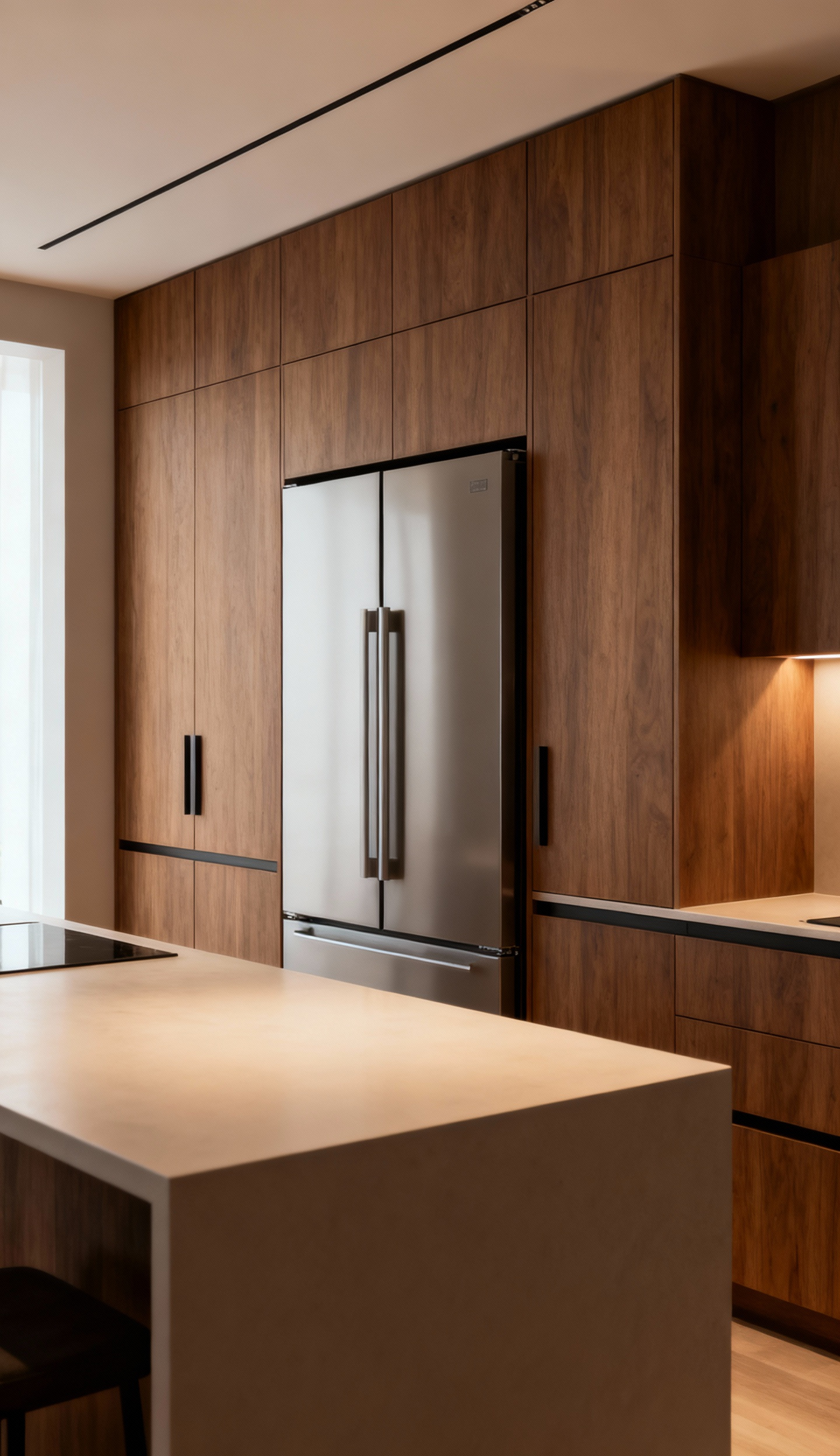 Modern kitchen with concealed refrigerator behind integrated matte wood panels, demonstrating appliance cohesion.