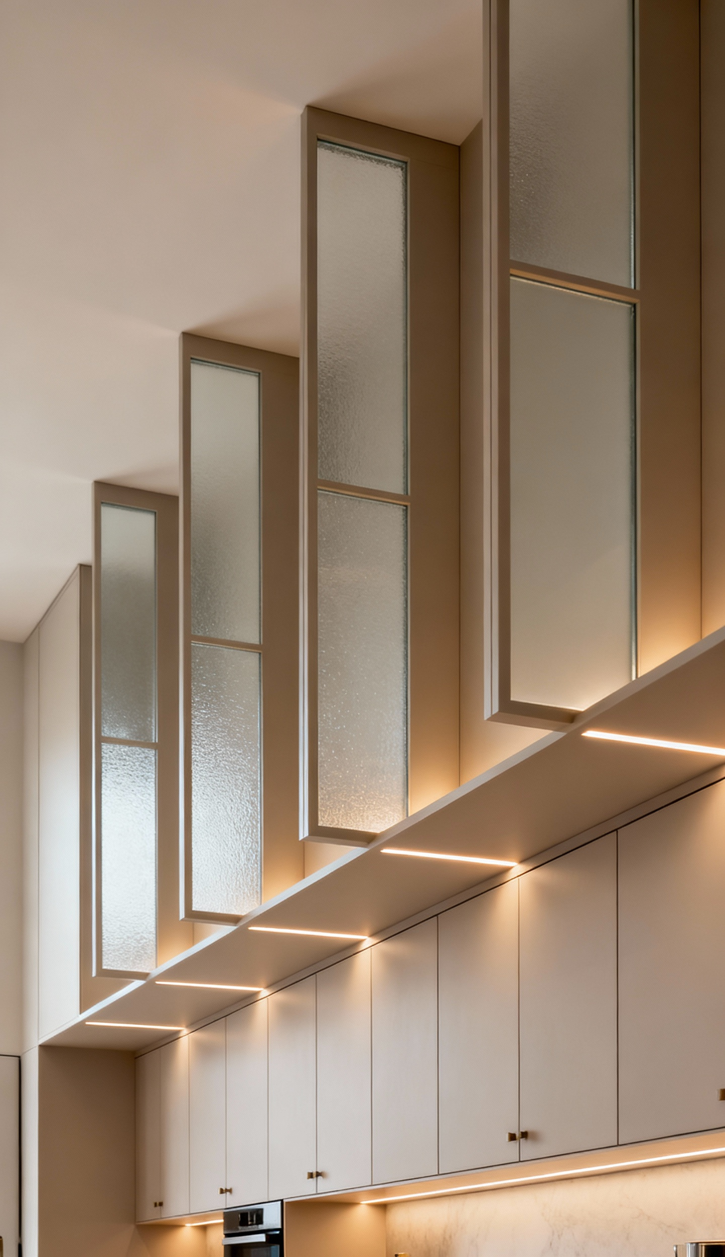 Modern kitchen featuring ceiling-height upper cabinets, showing seamless cabinet extensions with frosted glass inserts and integrated LED lighting, dramatically increasing vertical storage and creating a sophisticated, built-in look.