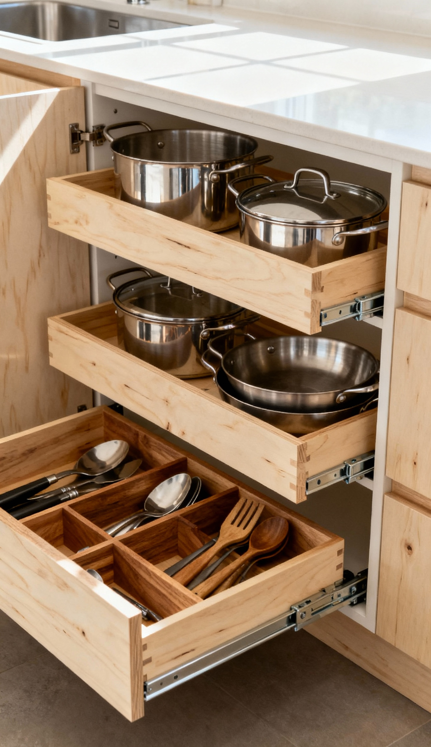 A bright kitchen base cabinet interior showcasing wooden pull-out shelves filled with pots and pans, and a utensil drawer with custom dividers, representing refined functionality and organization.