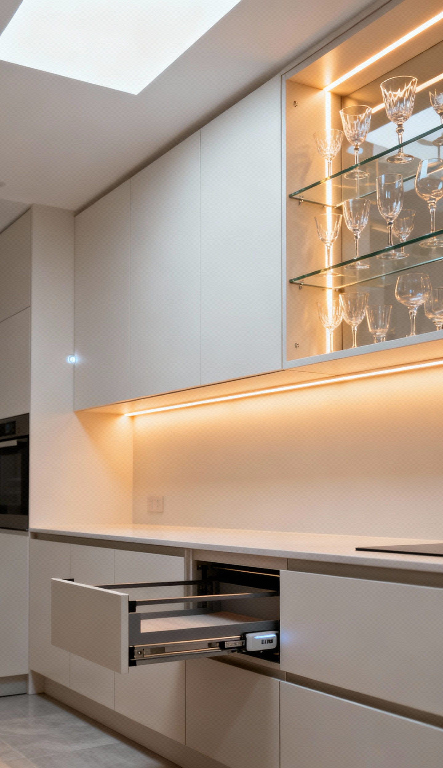 Kitchen cabinet interior with smart LED lighting and motorized pull-out drawer, demonstrating enhanced access and modern control features.