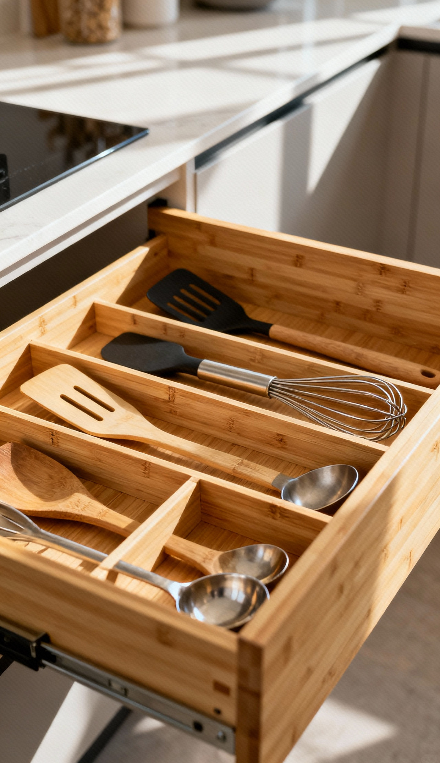 A deep kitchen drawer with custom-fit bamboo organizers neatly storing cooking utensils and tools, illuminated by soft natural light.