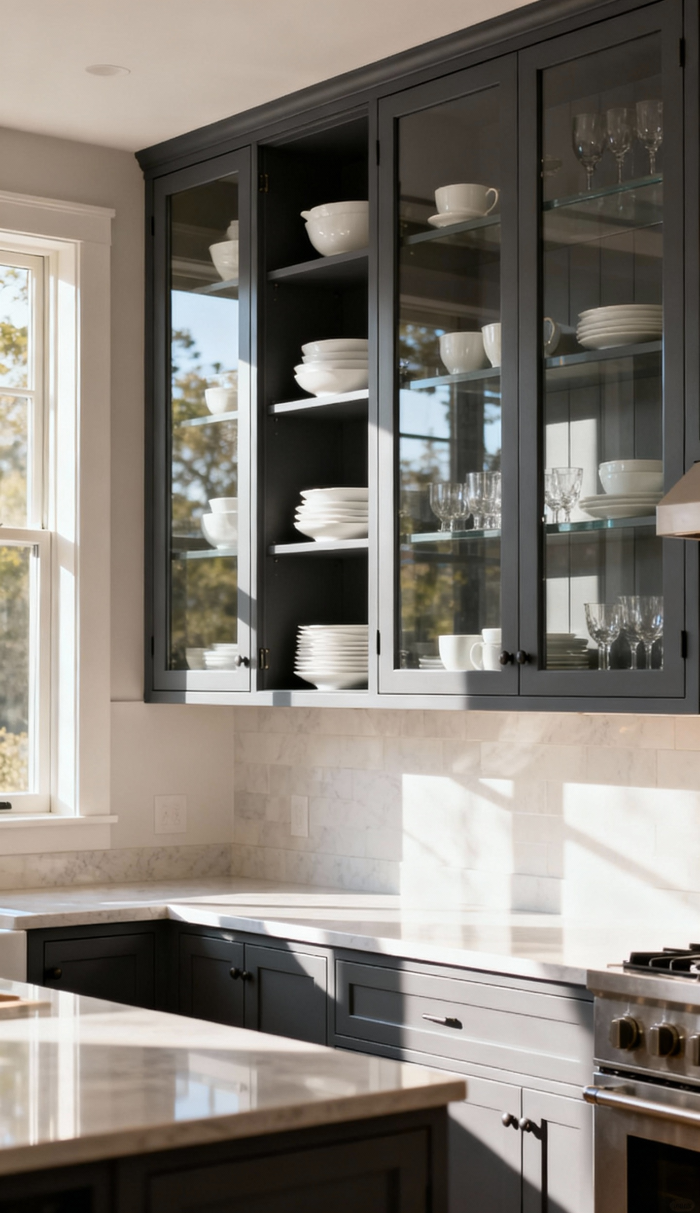 Modern kitchen with upper cabinets converted to glass fronts, showcasing organized white ceramic dishes, under natural lighting.