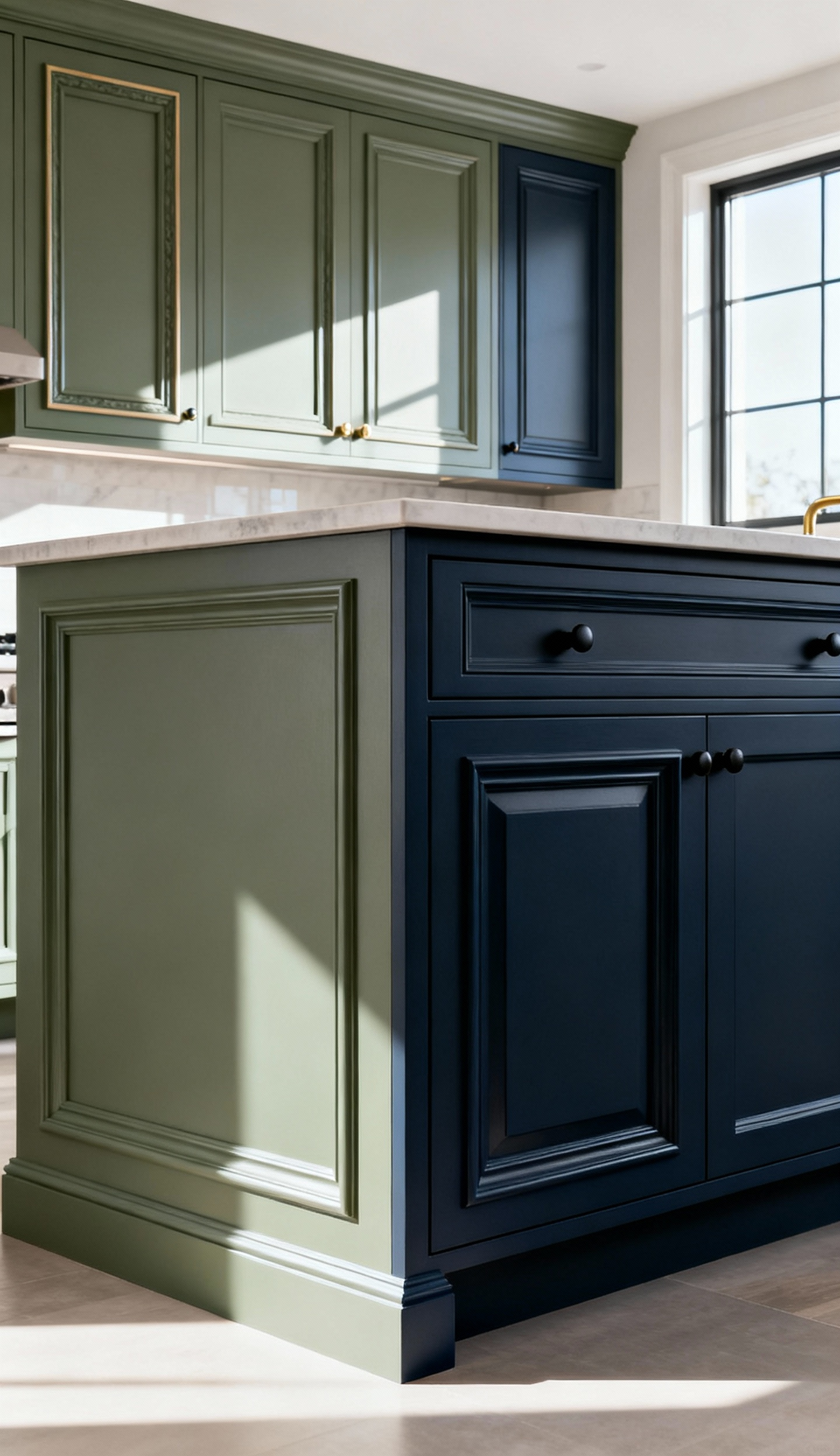 Close-up of a kitchen cabinet door featuring modern decorative trims and panels painted in a soft sage green, highlighting custom design. The image displays the texture and craftsmanship of the applied moldings on a cabinet door.