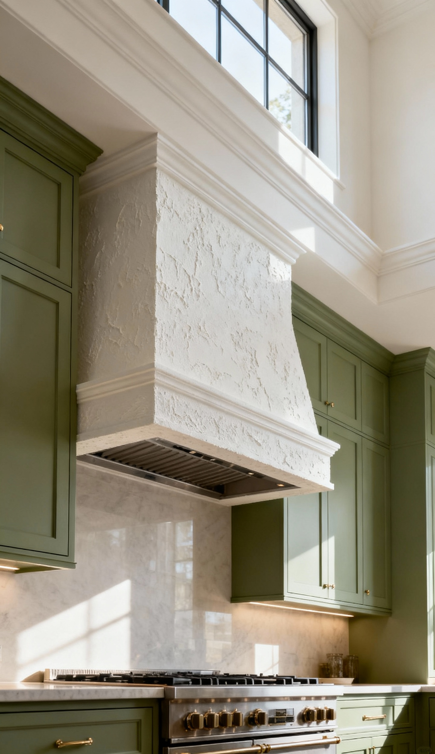 A custom-designed white plaster vent hood enclosure seamlessly integrated into a modern kitchen with sage green cabinets, demonstrating a high-end, sophisticated aesthetic.