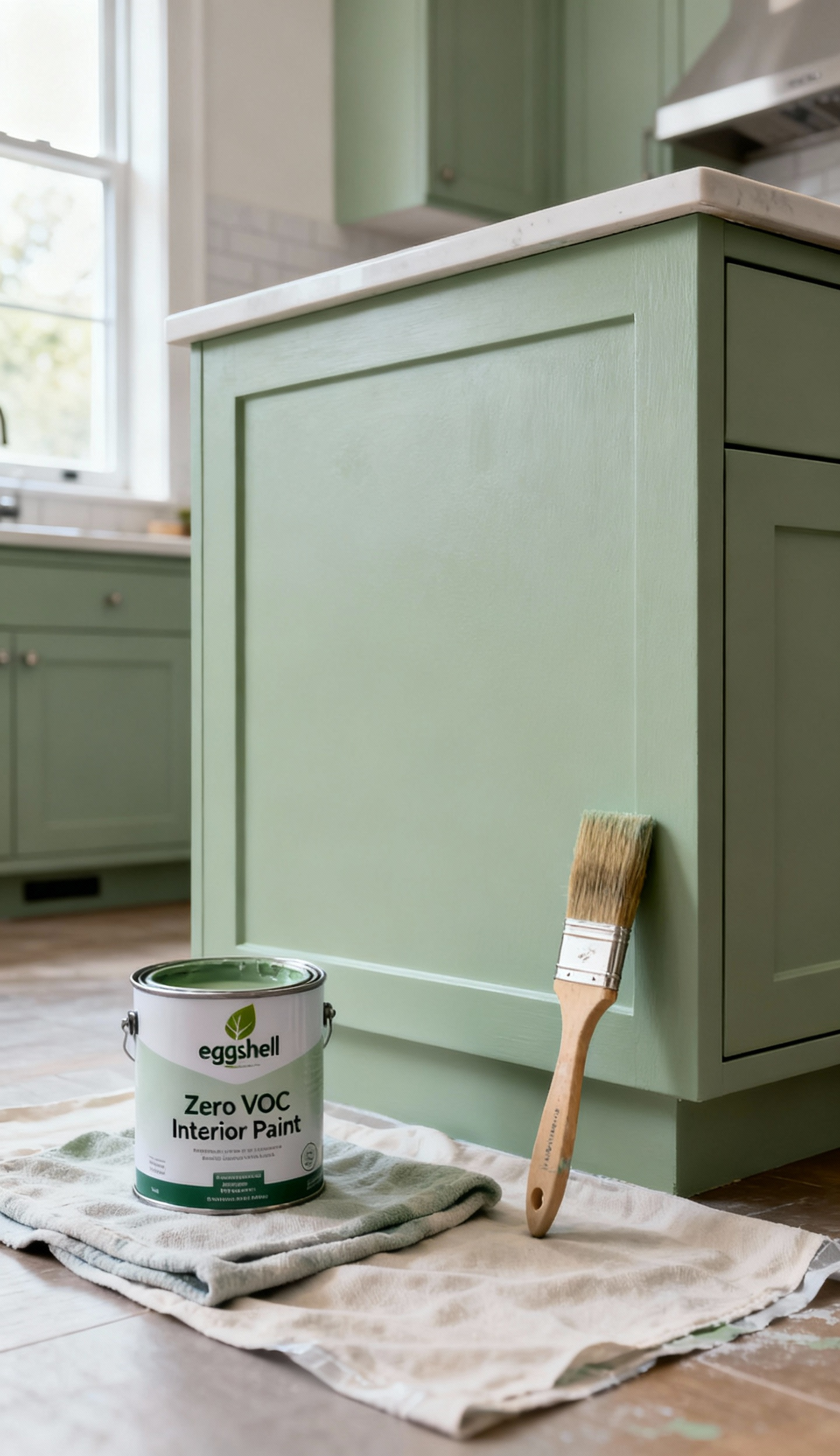 Kitchen cabinet section freshly painted with low VOC, eco-conscious sage green paint, a sustainable paint can nearby, depicting health and environmental awareness.