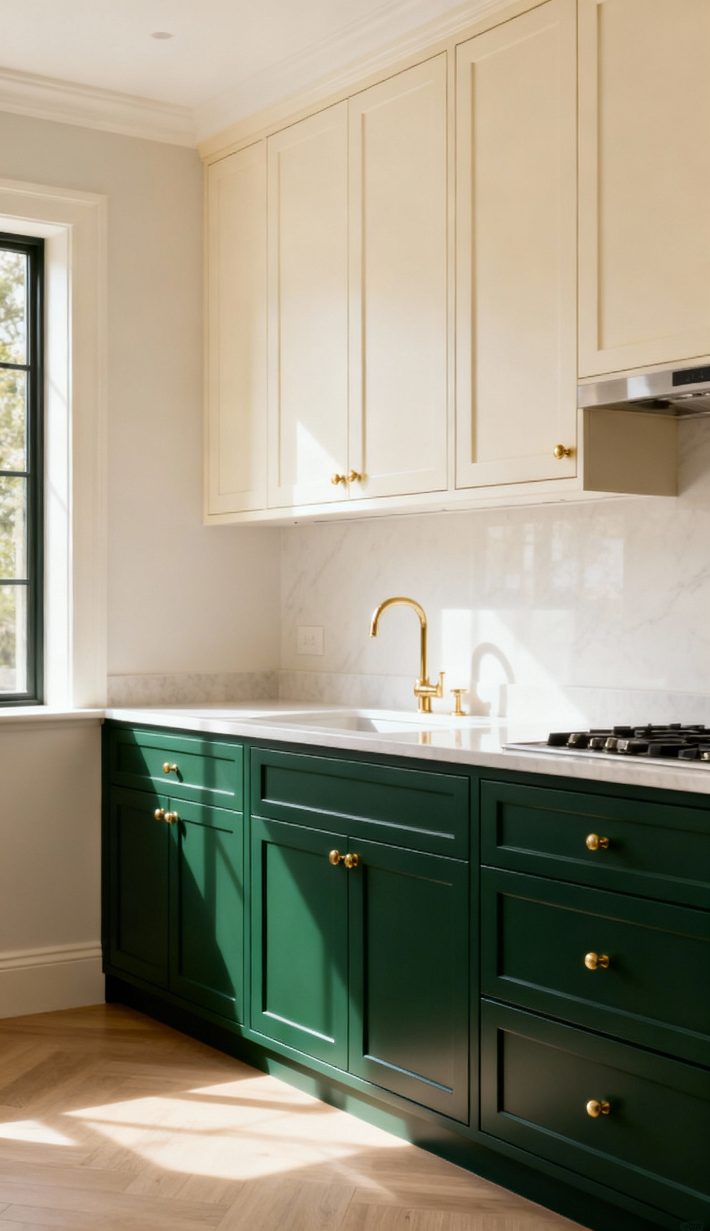 A modern kitchen featuring bi-color cabinets, with deep forest green on the lower cabinets and light warm ivory on the upper cabinets, showcasing dynamic visual interest and depth.