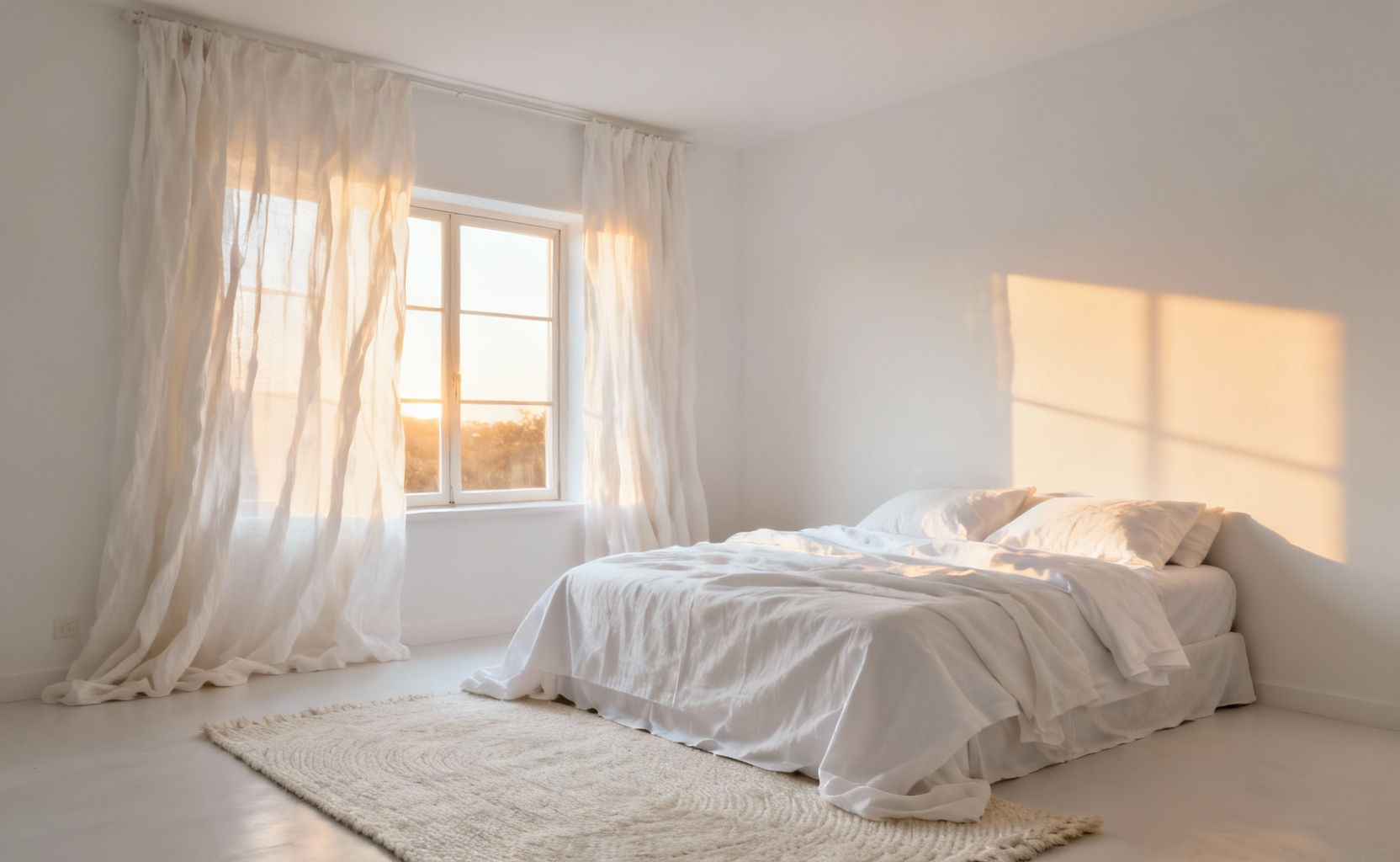Pure white bedroom walls reflecting natural light, featuring soft linen drapery, a plush white rug, and layered white bedding for a serene, calming aesthetic.