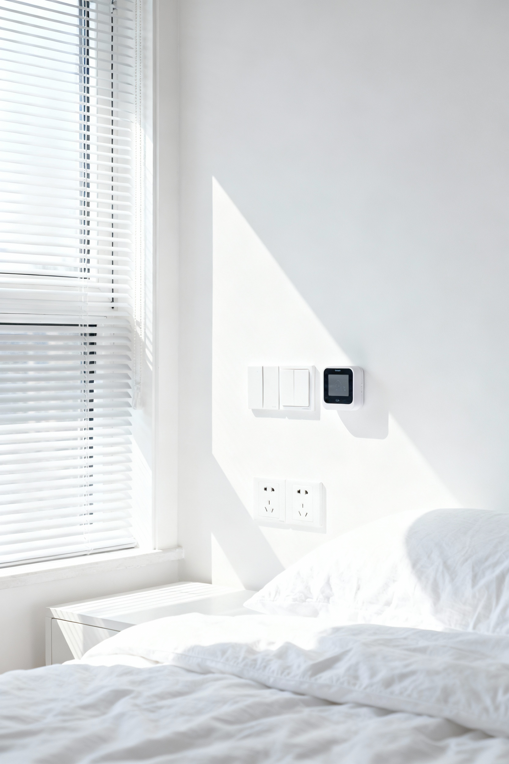 White bedroom with integrated smart lighting, hidden controls, and automated blinds for a seamless, clutter-free smart home experience.