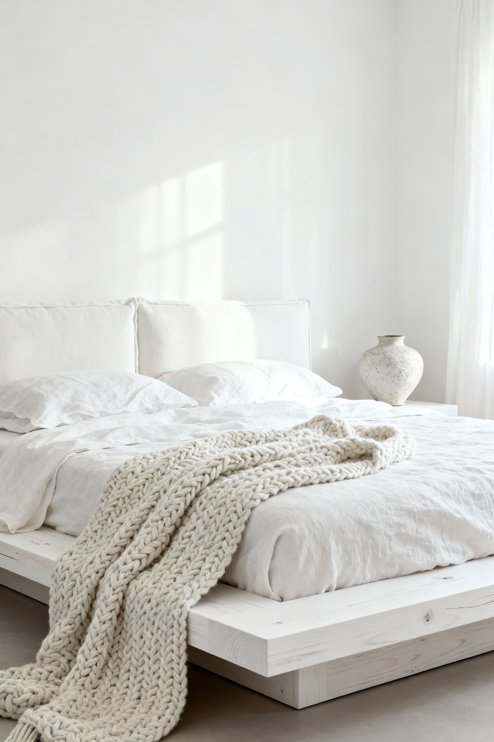 White bedroom with bespoke white oak platform bed, organic linen upholstery, textured white throw, and natural wood accents under soft natural light, conveying elevated comfort and unique character.