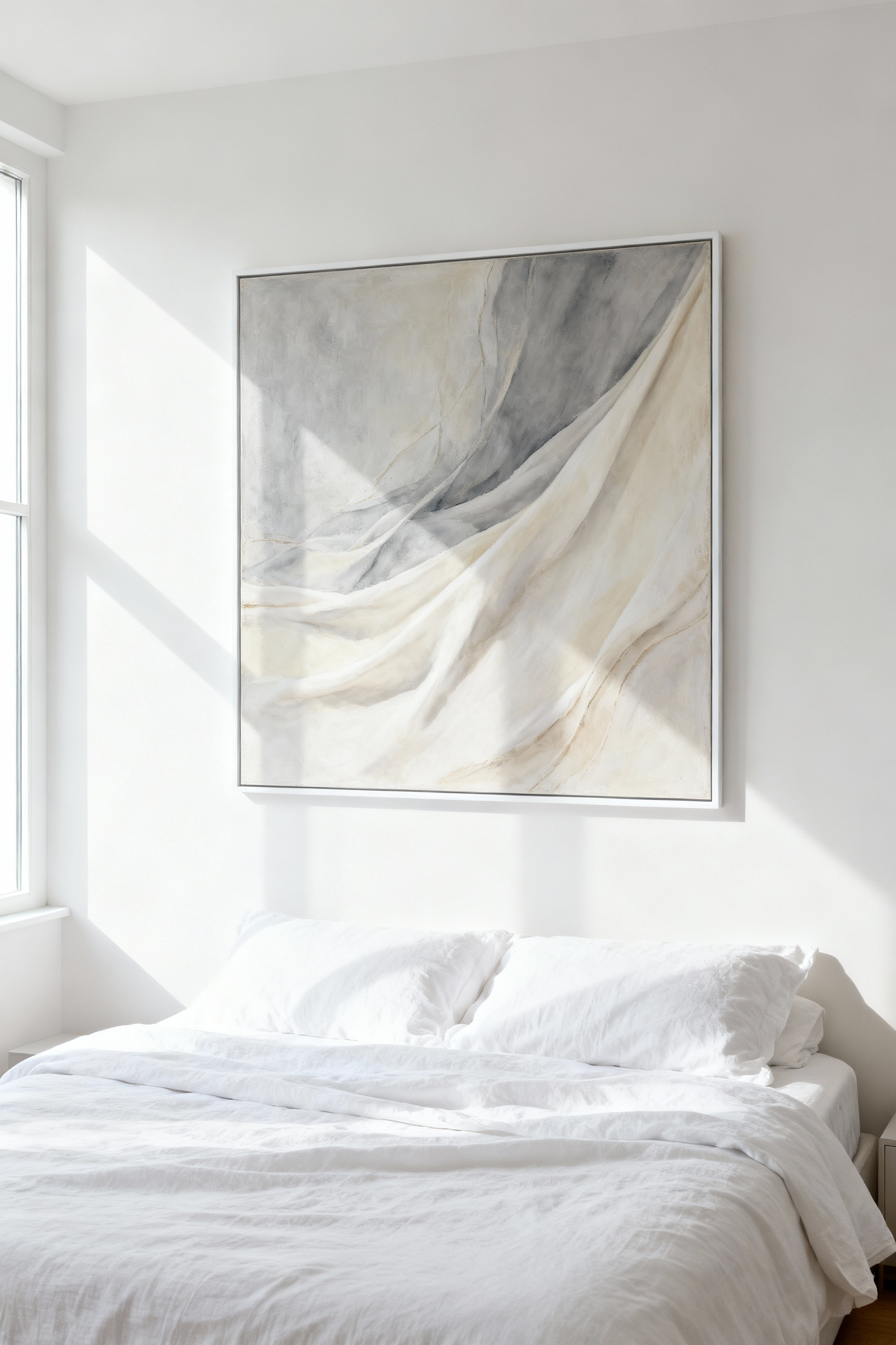 Serene white bedroom featuring a large abstract painting in muted tones (grey, cream, beige) above the bed, with ample white space, complementing the tranquil aesthetic.