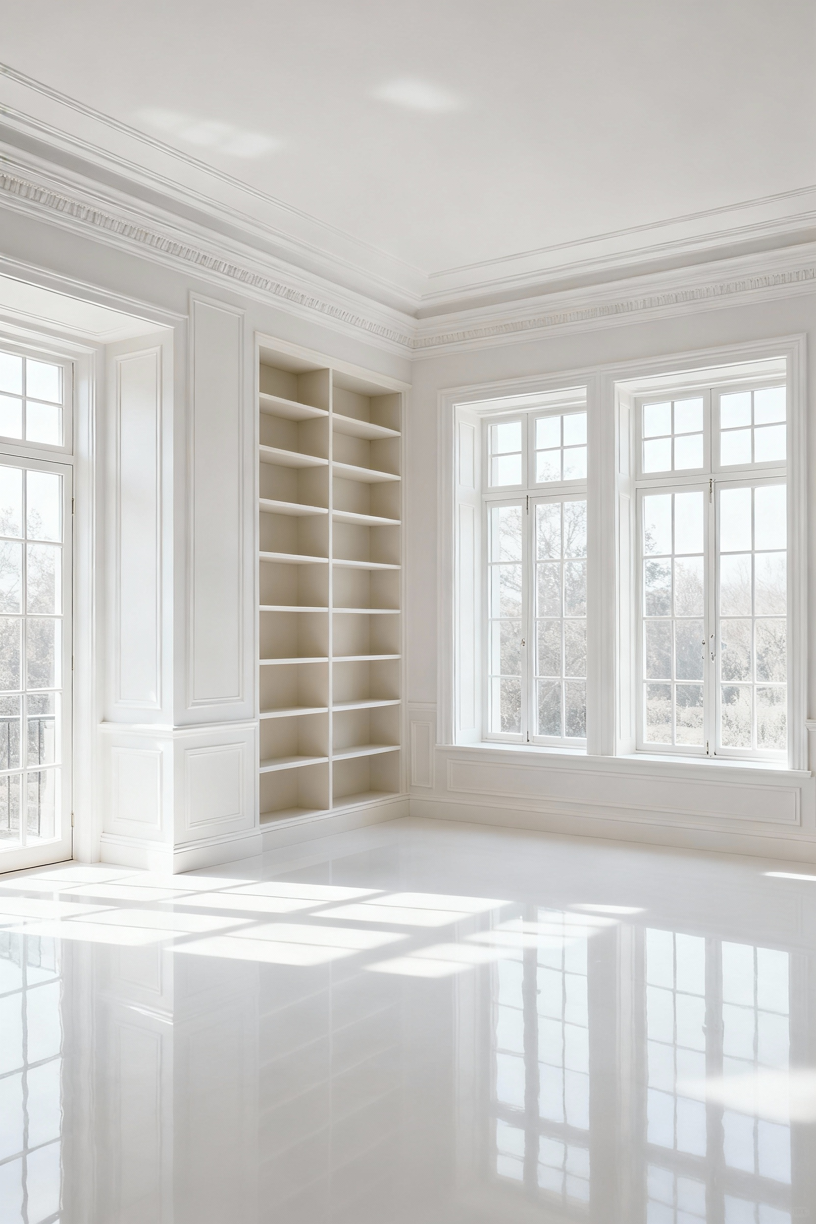A pristine white bedroom highlighting intricate architectural details such as crown molding, wainscoting, and built-in shelving, designed for serene grandeur.