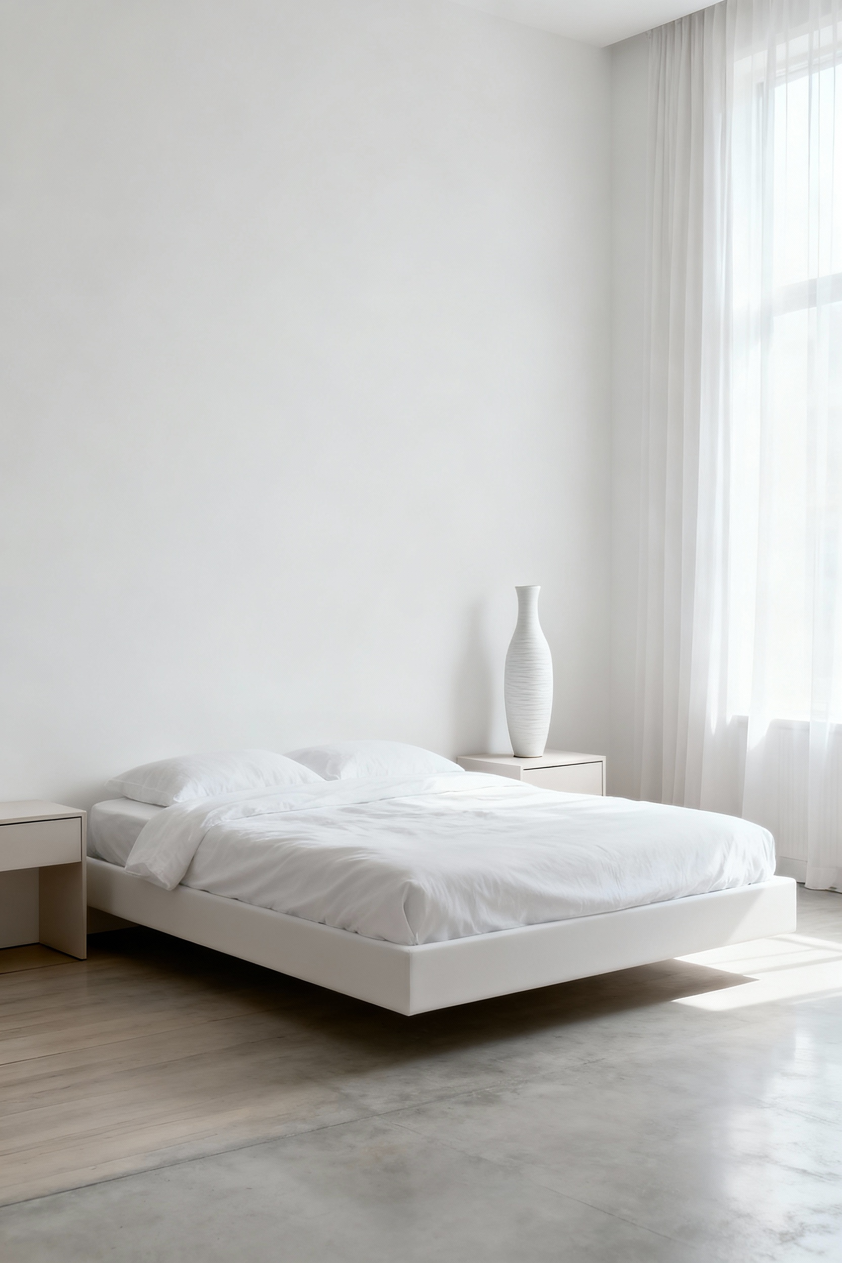 A pristine white bedroom demonstrating excellent negative space, with a low-profile bed, minimal furniture, soft natural light, and a clear, serene atmosphere.