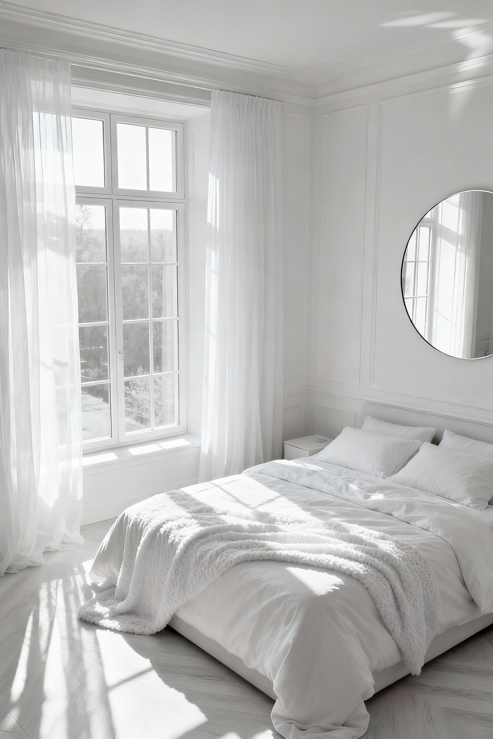 A serene white bedroom interior flooded with natural light, featuring sheer white curtains and a large mirror reflecting light, highlighting a luminous and airy aesthetic with textured white elements.