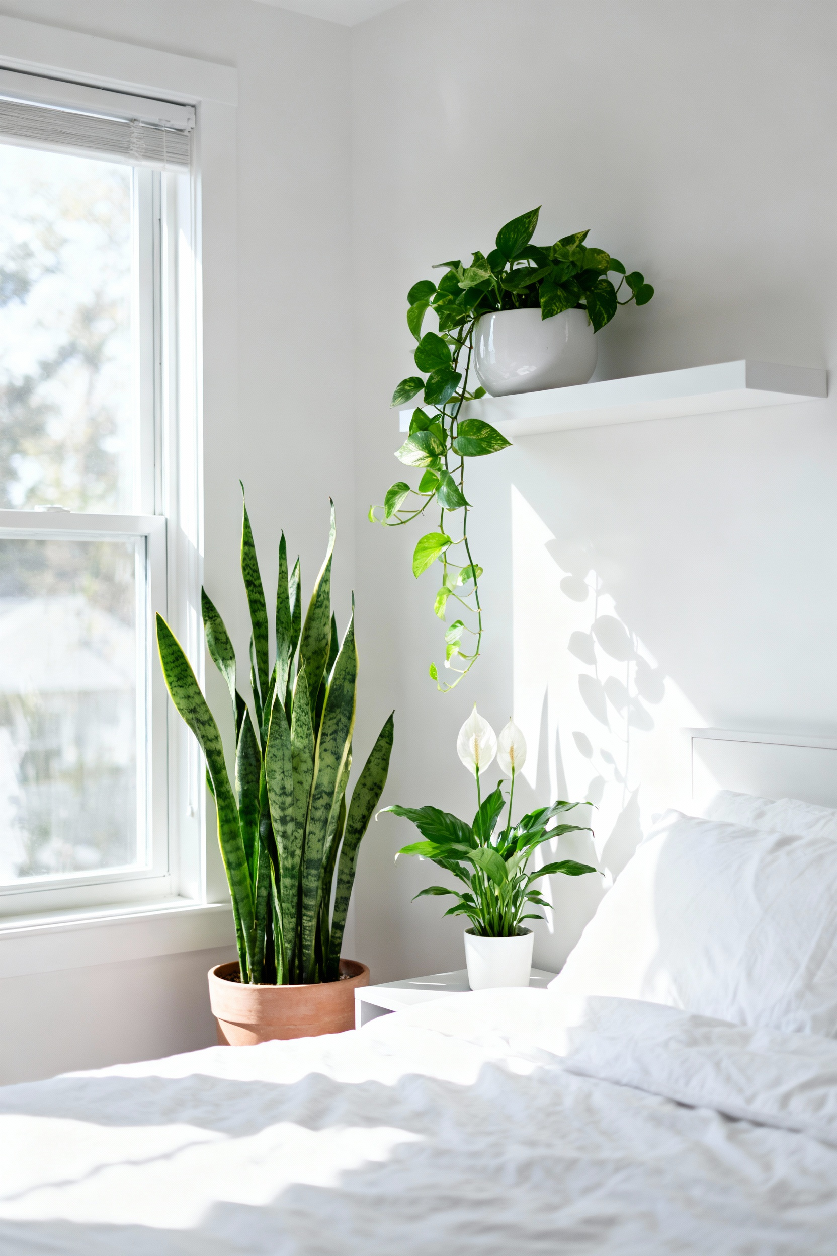 A clean white bedroom featuring a tall Snake Plant, trailing Pothos, and Peace Lily in minimalist pots, enhancing organic vibrancy and air purity.