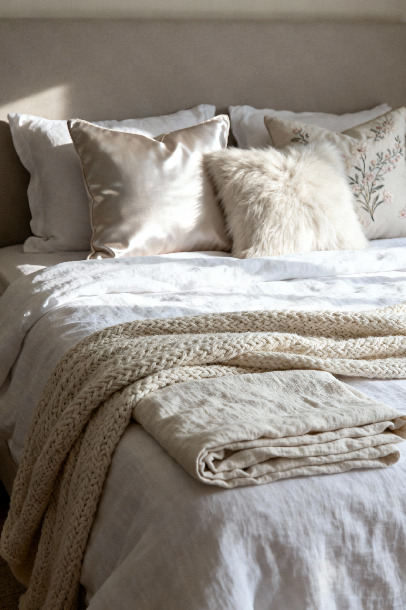Bedroom scene with a bed covered in various layered white linens, including a duvet, chunky knit throw, and textured pillows, showcasing tactile richness and depth.