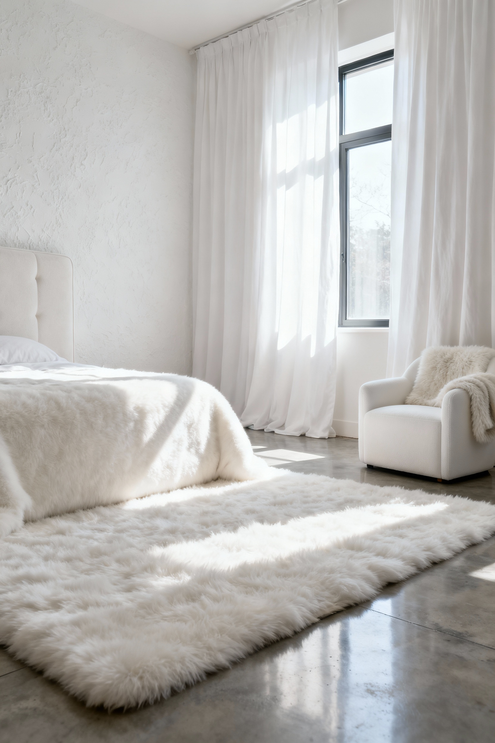 A peaceful white bedroom with a large, plush rug and thick linen drapes designed for optimal sound dampening and auditory serenity.