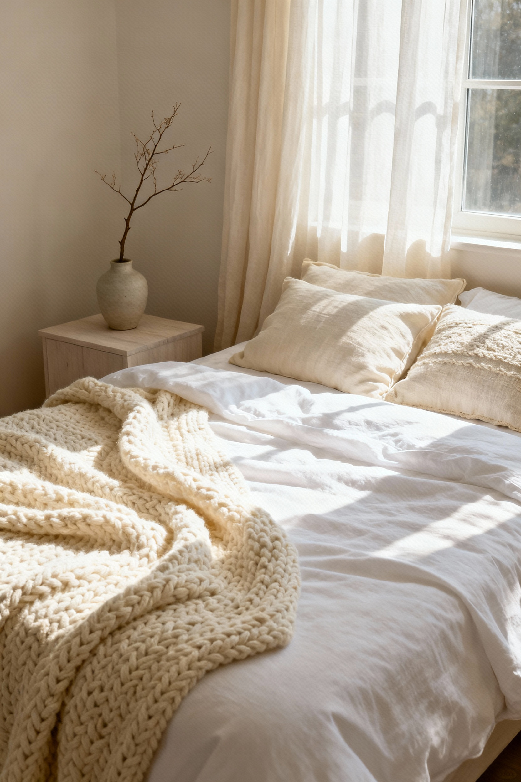 A perfectly layered bed with cream and ivory textiles, including a chunky knit throw and linen pillows, in a sun-drenched white bedroom with natural wood accents, exuding warmth and comfort.