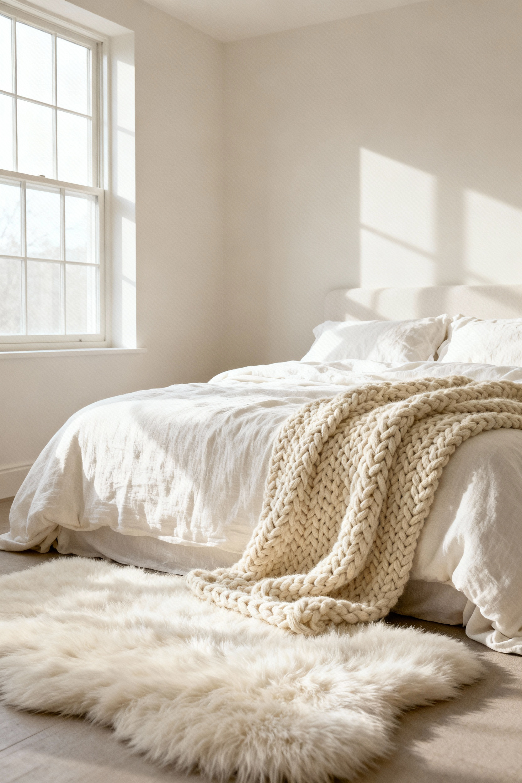 Serene bedroom with layered off-white textures, linen, wool, creamy walls, creating a calm and deep aesthetic under diffused natural light.