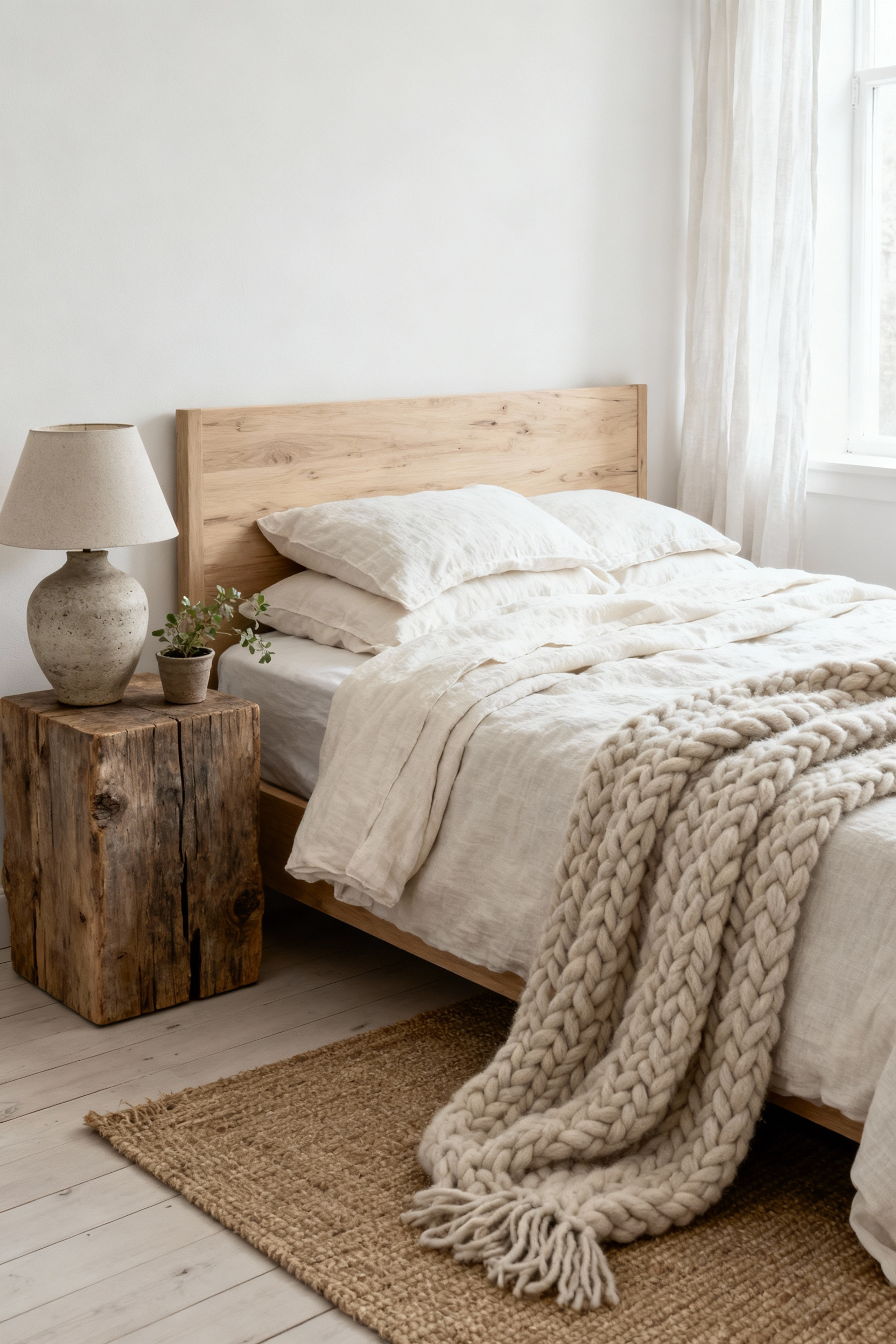 A serene white bedroom featuring a reclaimed wood headboard, layered linen bedding, a wool throw, and potted greenery, showcasing the integration of natural materials in a monochromatic aesthetic.