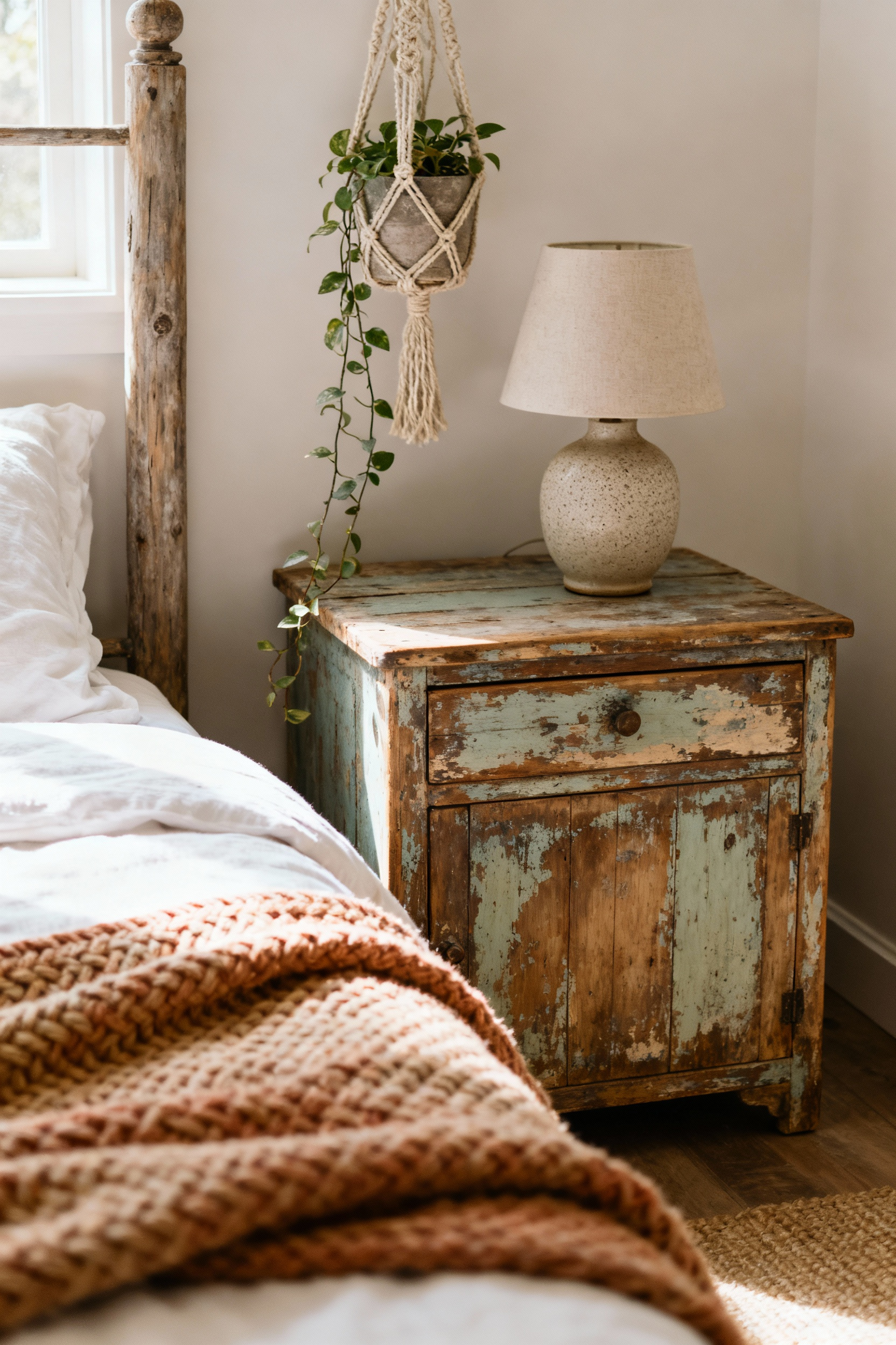 Boho bedroom with vintage distressed wooden chest, natural patina, and worn finishes as a bedside table, adorned with macrame and a trailing plant.