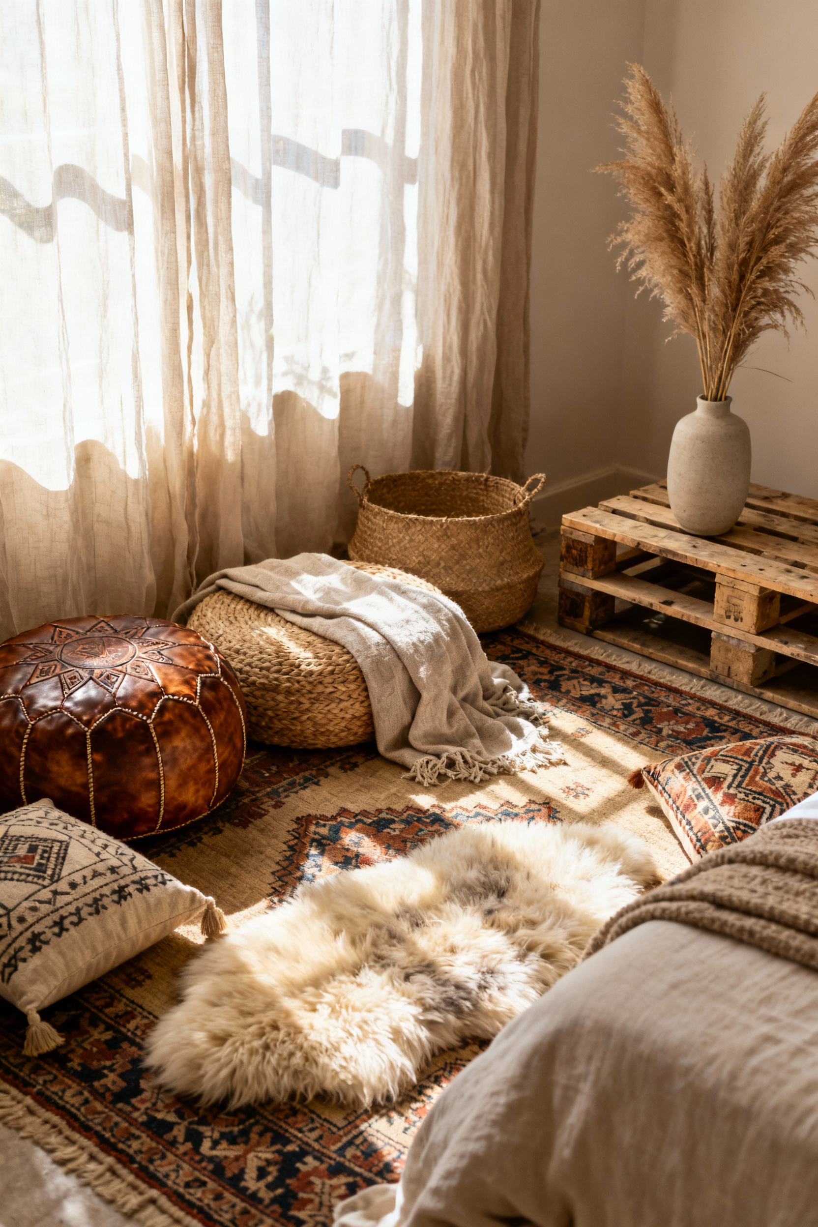 A boho bedroom featuring layered ground-level seating with Moroccan poufs, woven floor cushions, linen throws, and a kilim rug, creating a relaxed and intimate comfort zone.