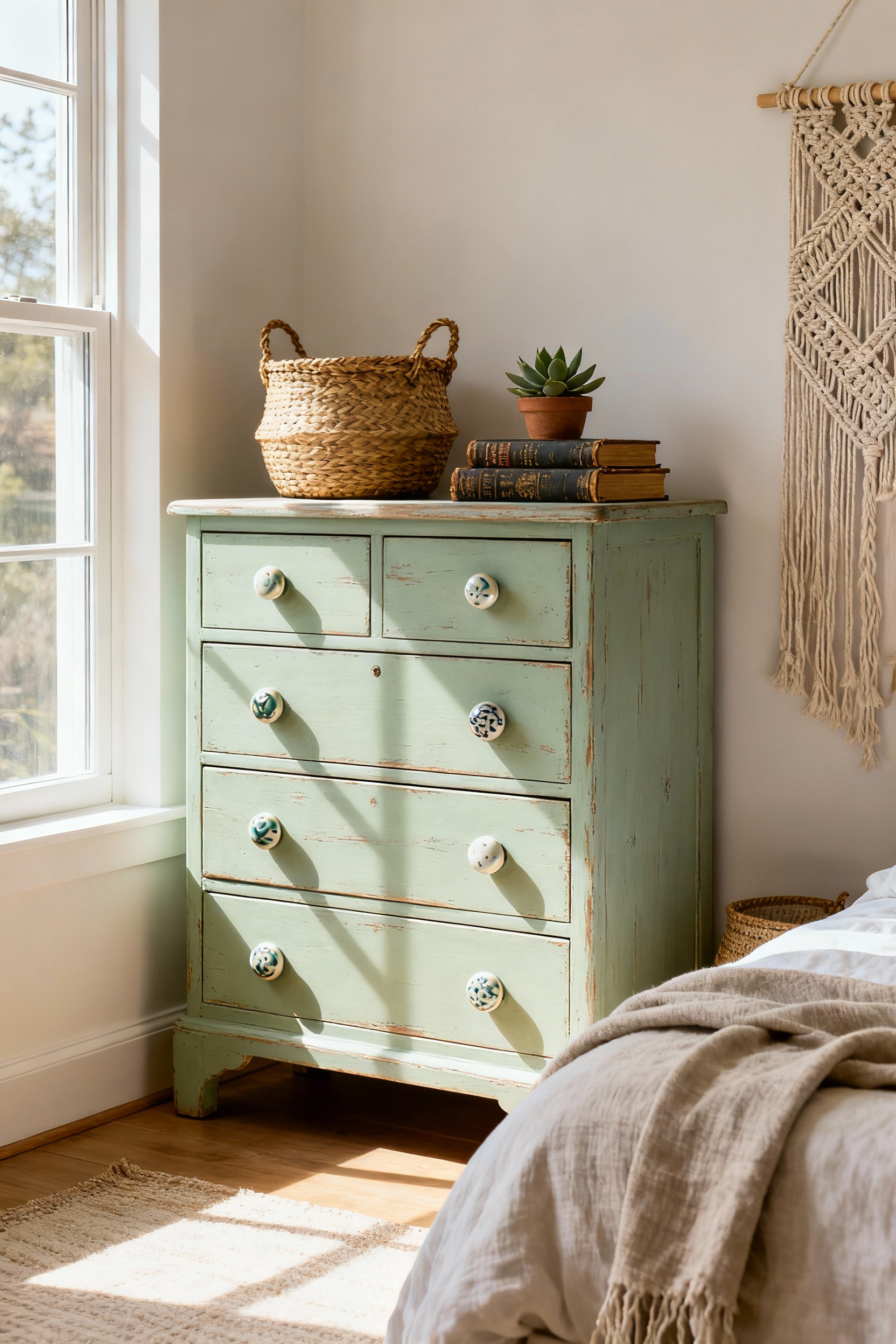 Upcycled sage green wooden chest of drawers with artisanal ceramic knobs in a boho bedroom, featuring natural light and cozy decor.