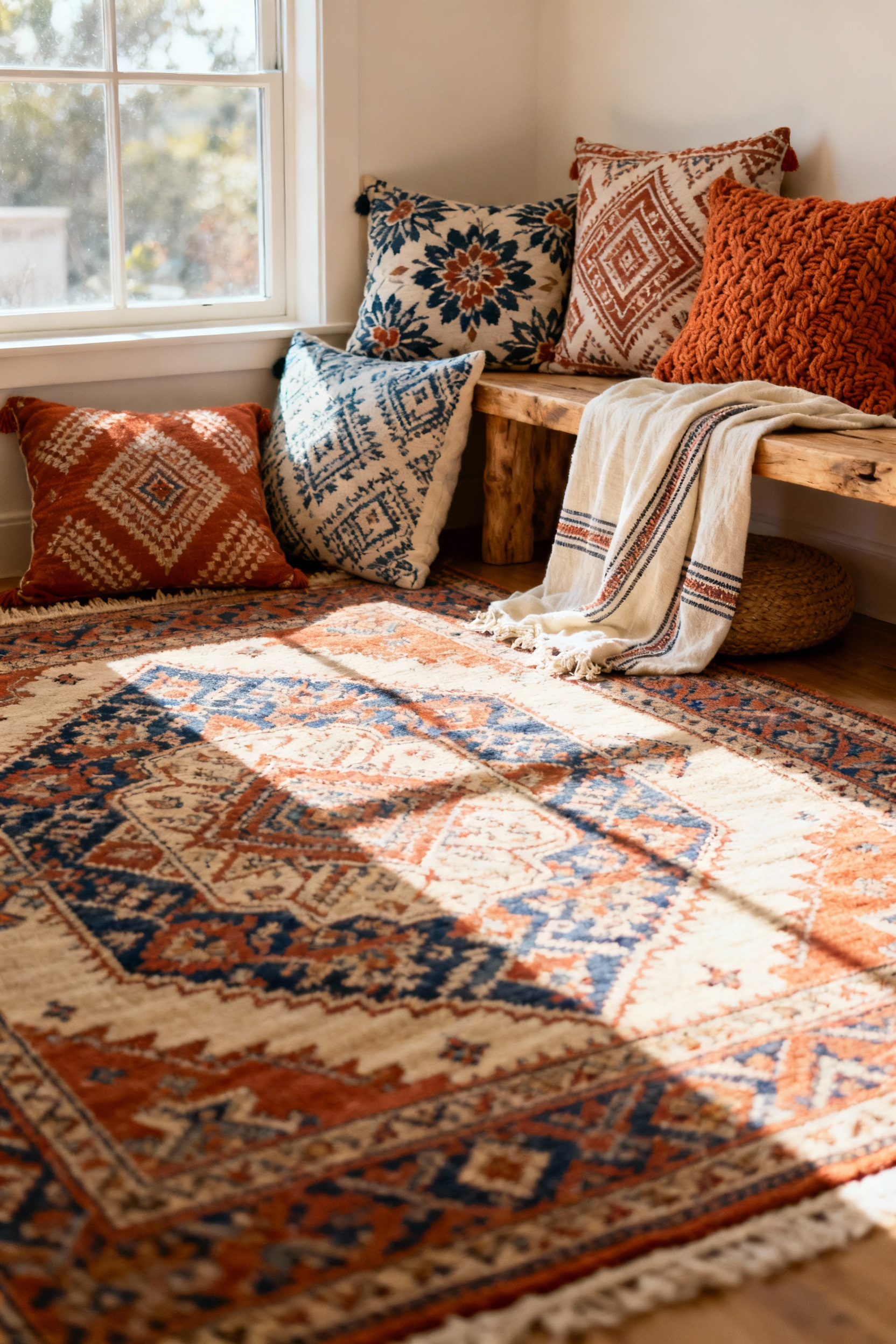 Boho bedroom with richly layered patterns, including a large area rug, patterned throw pillows, and draped textiles in earthy tones, showcasing harmonious visual depth and eclectic style.