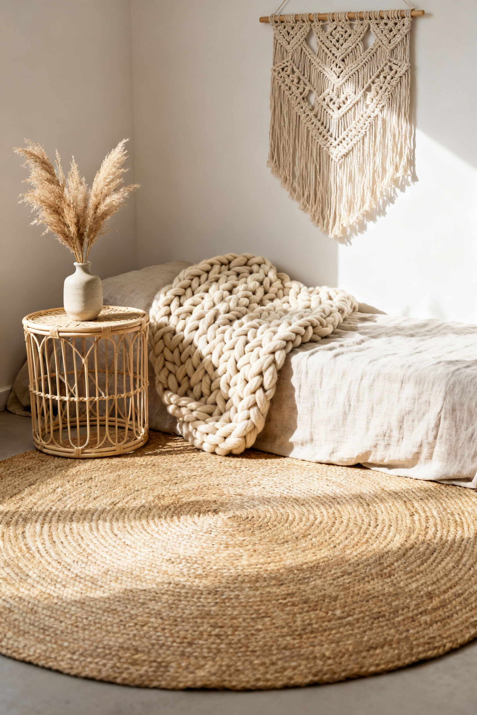 Boho bedroom with layered woven textures, including a jute rug, chunky knit throw, macrame wall hanging, and rattan furniture, creating organic warmth and a serene atmosphere.